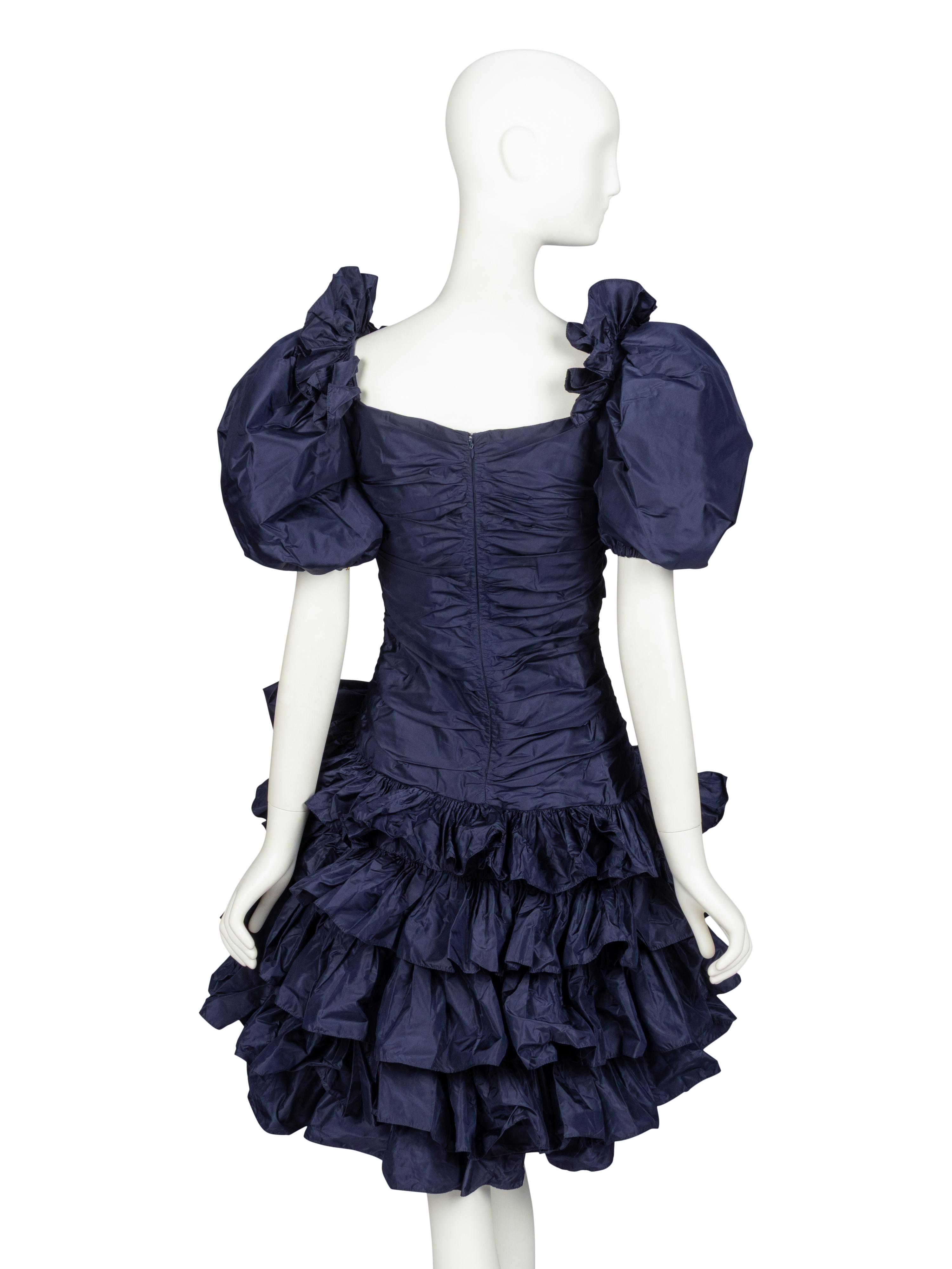 Oscar de la Renta, Navy Taffeta Ruffle Cocktail Dress, 1980s Runway Sample
