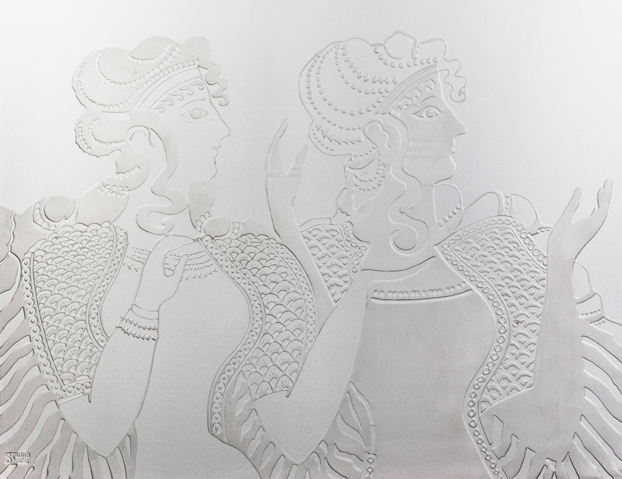 A Set of Three Solid Mahogany Doors with Glass Panels Depicting Minoan 'Ladies in Blue' from the Knossos Frescoes