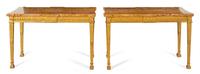 A Pair of George III Style Giltwood and Brocatelle Violette d'Espagne Center Tables
