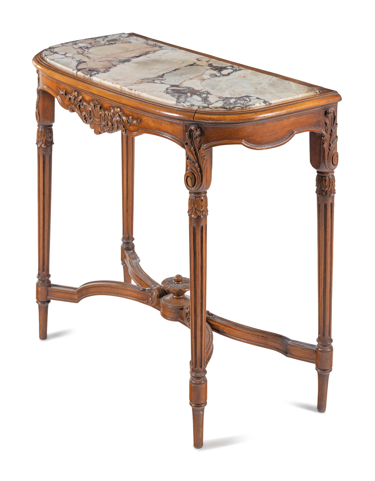 A Louis XVI Style Carved Walnut Marble-Top Side Table