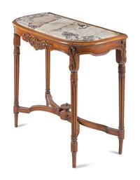 A Louis XVI Style Carved Walnut Marble-Top Side Table