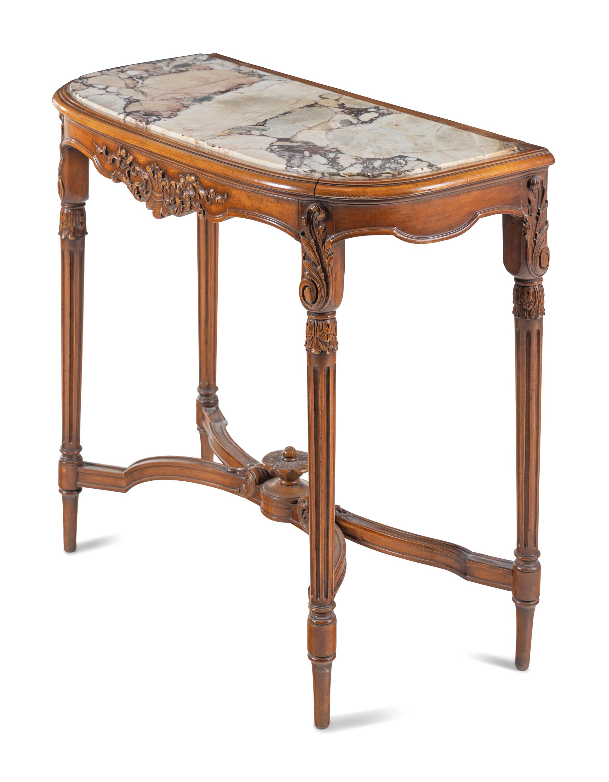 A Louis XVI Style Carved Walnut Marble-Top Side Table