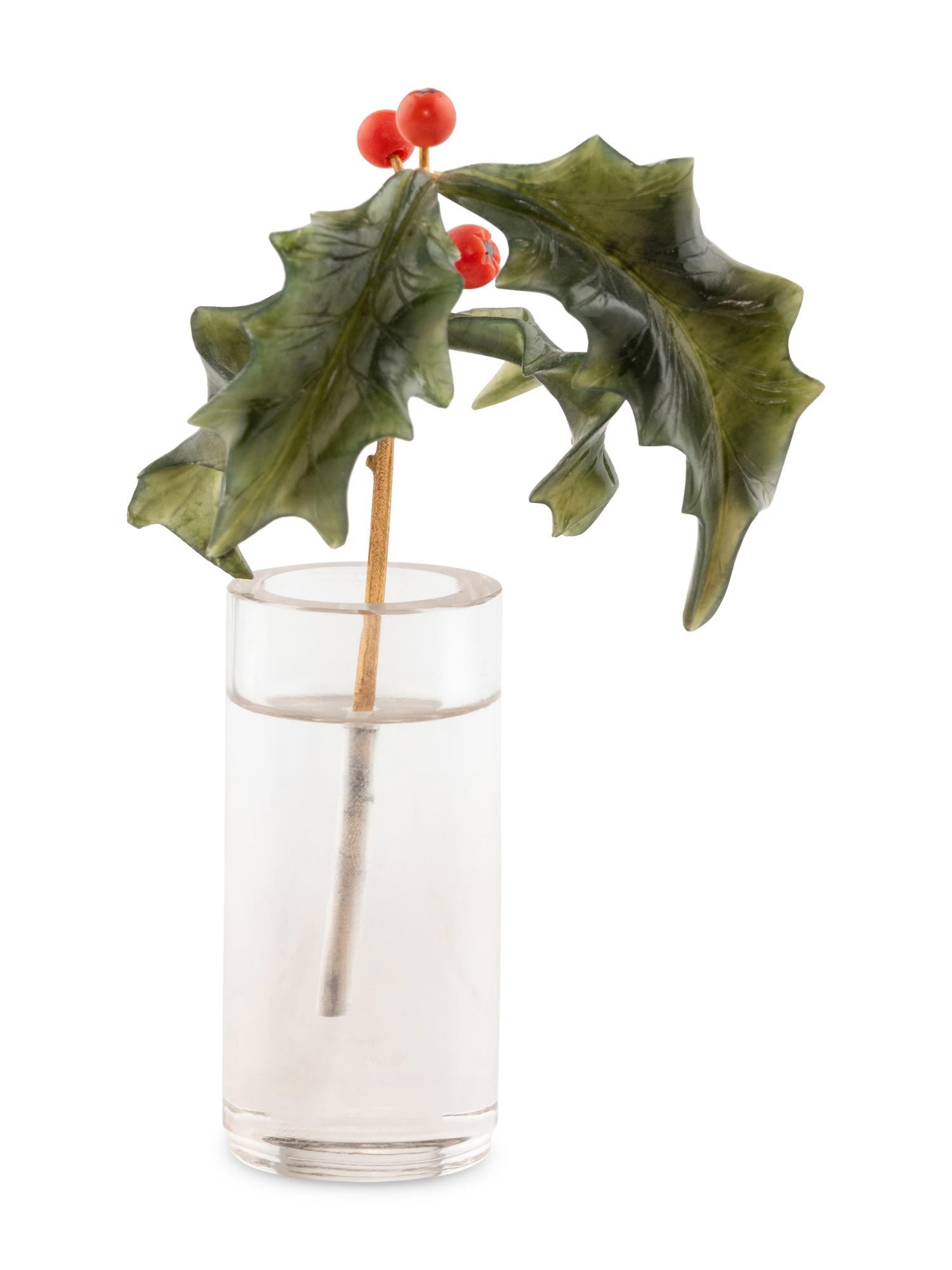 A Carved Rock Crystal, Nephrite and Coral and 18-Karat Gold Holly Berry Flower Study