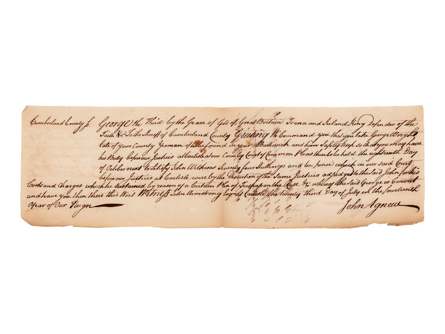 WILSON, James (1742-1798), signer of the Declaration of Independence and Constitution. Ink endorsement signature ("Wilson"), on the verso of an autograph document signed by John Agnew. 1774.