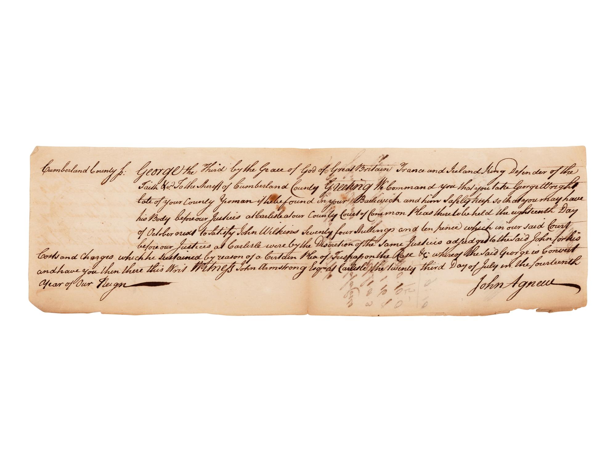 WILSON, James (1742-1798), signer of the Declaration of Independence and Constitution. Ink endorsement signature ("Wilson"), on the verso of an autograph document signed by John Agnew. 1774.