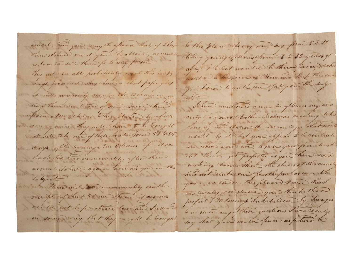 [SLAVERY & ABOLITION]. HUNT, Henry. Autograph letter signed ("Henry Hunt"). Natchez, MS, 22 June 1807. Discussing enslaved people with rare straight line "Natchez" postmarked cover.