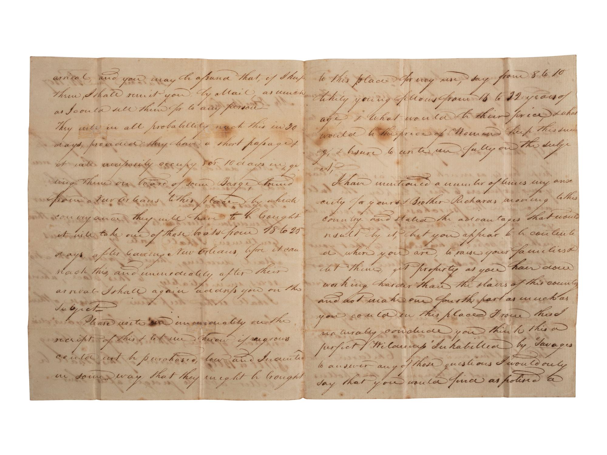 [SLAVERY & ABOLITION]. HUNT, Henry. Autograph letter signed ("Henry Hunt"). Natchez, MS, 22 June 1807. Discussing enslaved people with rare straight line "Natchez" postmarked cover.