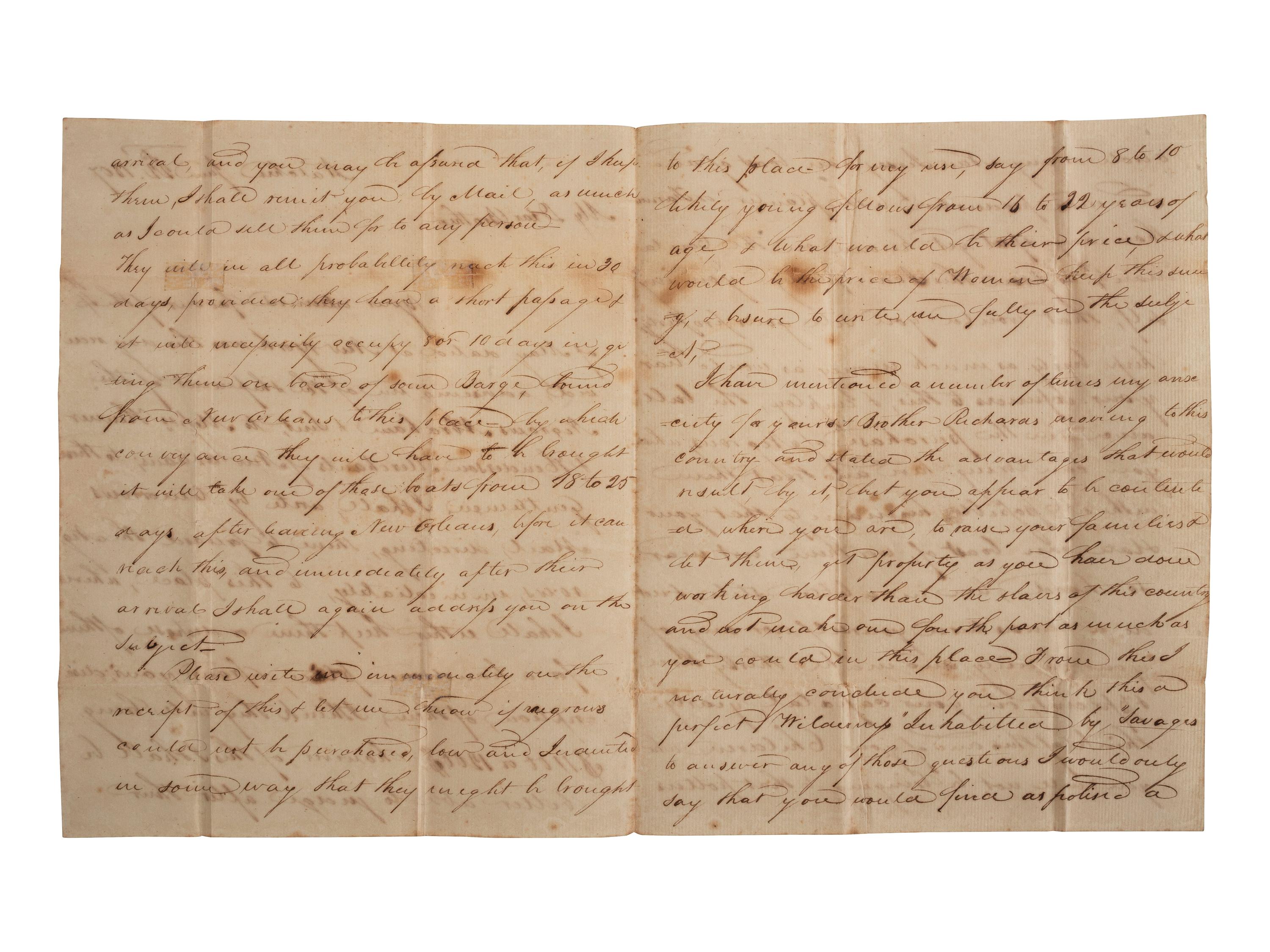 [SLAVERY & ABOLITION]. HUNT, Henry. Autograph letter signed ("Henry Hunt"). Natchez, MS, 22 June 1807. Discussing enslaved people with rare straight line "Natchez" postmarked cover.