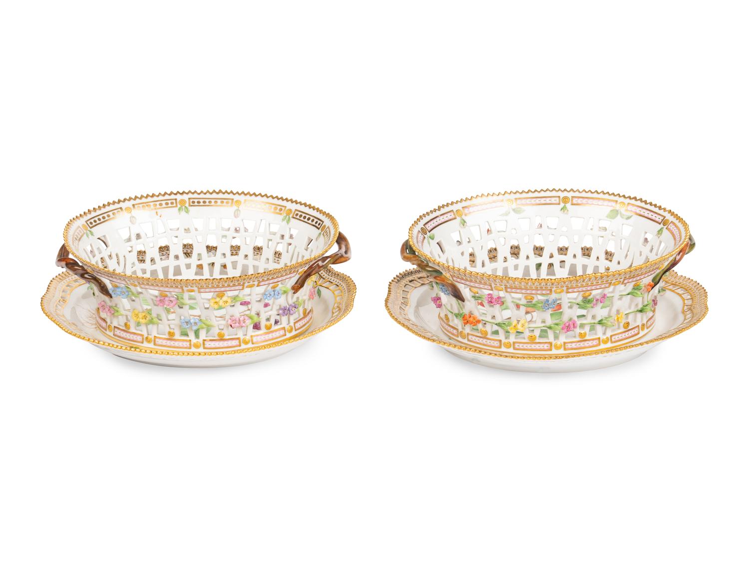 A Pair of Royal Copenhagen Flora Danica Reticulated Porcelain Oval Fruit Baskets and Stands