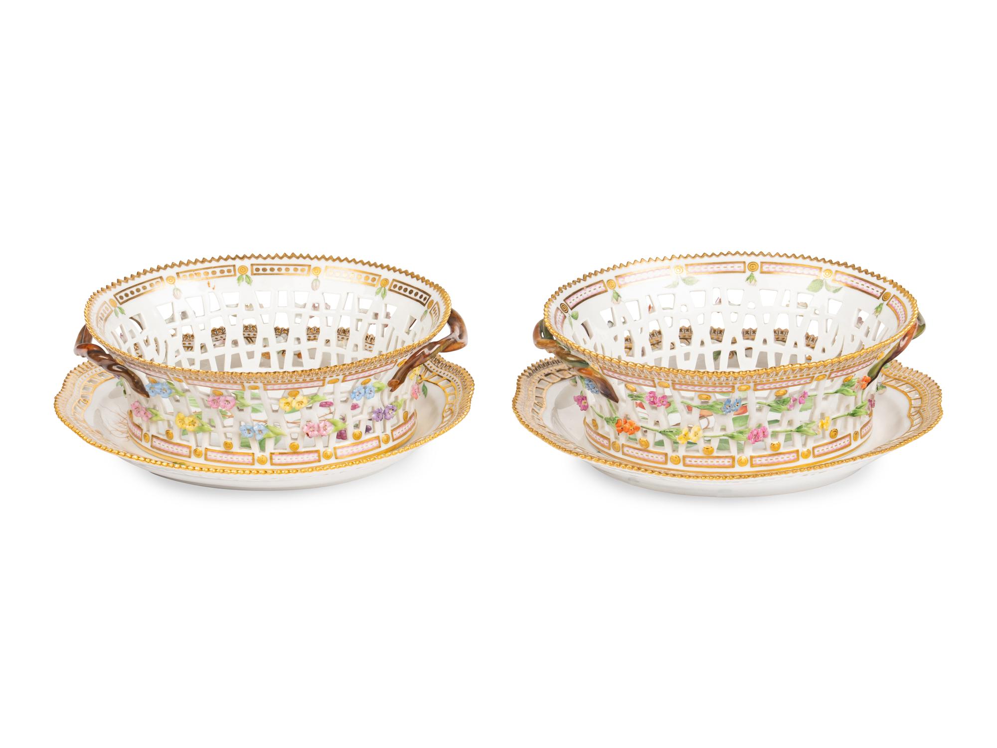 A Pair of Royal Copenhagen Flora Danica Reticulated Porcelain Oval Fruit Baskets and Stands