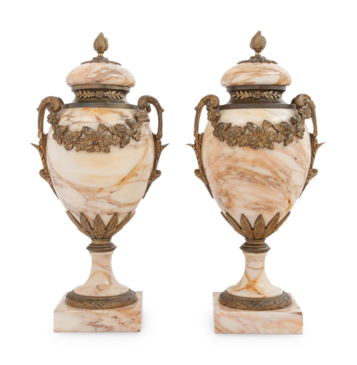 A Pair of Gilt Bronze Mounted Marble Urns