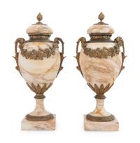 A Pair of Gilt Bronze Mounted Marble Urns