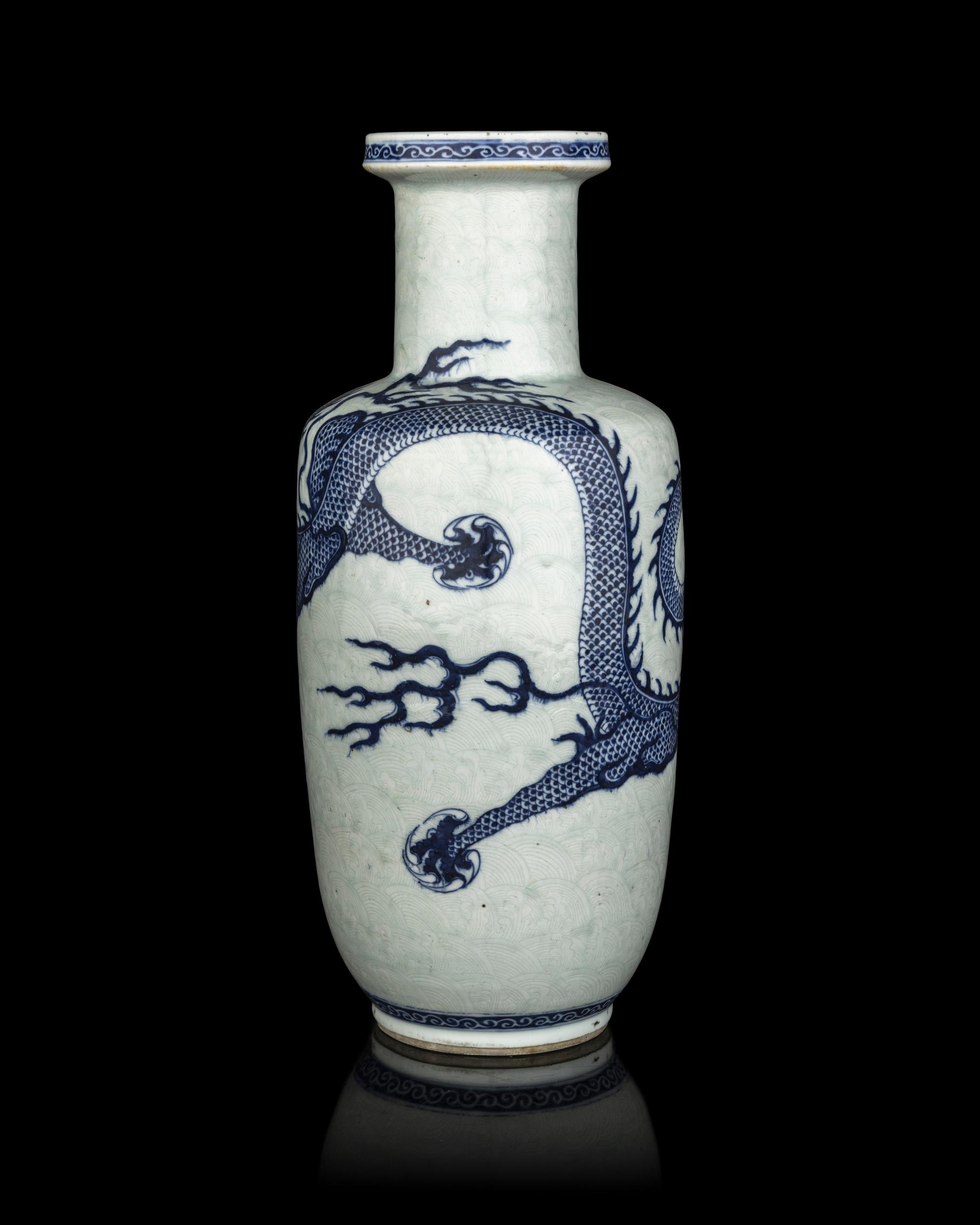 A Chinese Incised Celadon Ground Underglaze Blue 'Dragon' Rouleau Vase