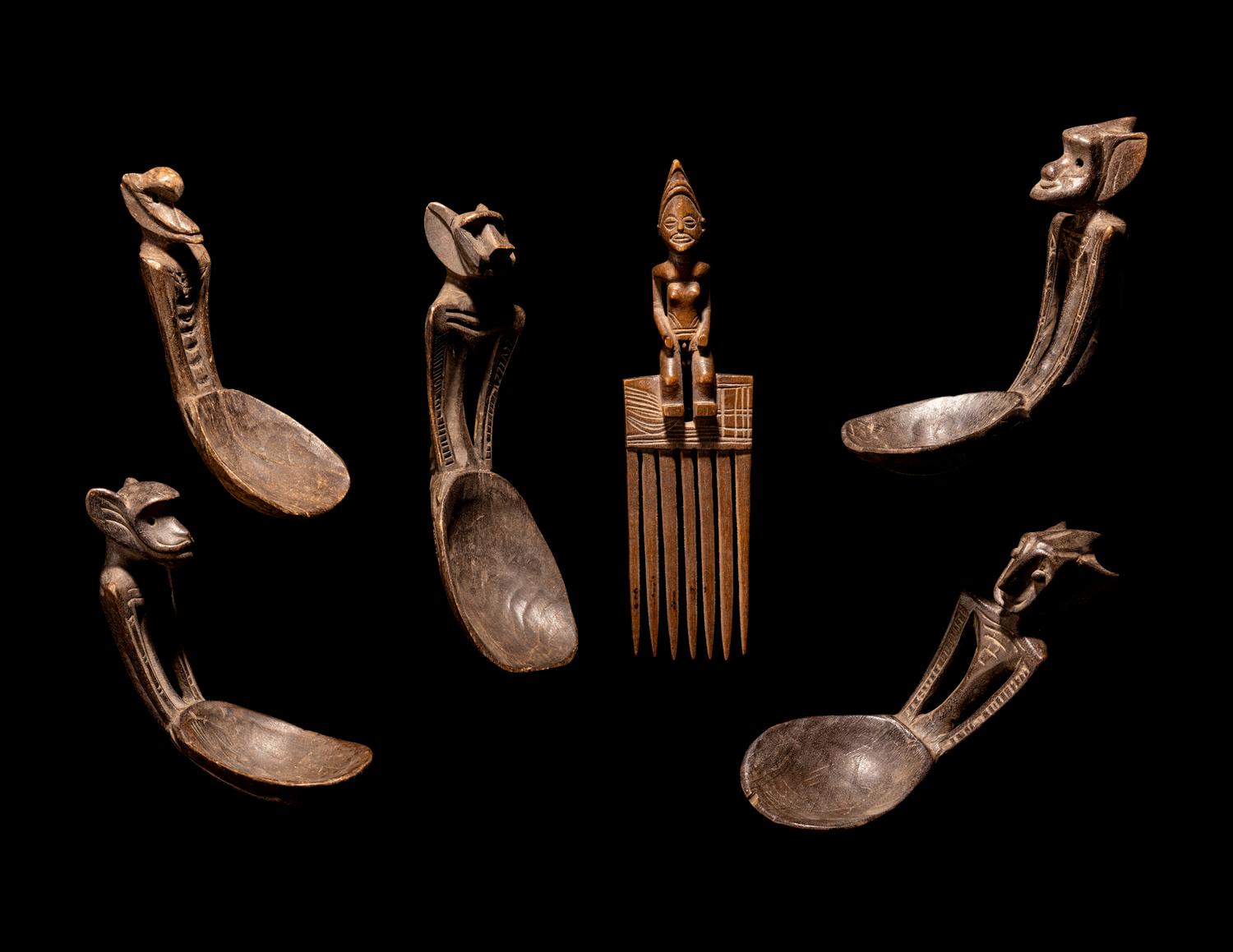 Five African Wood Spoons and a Comb