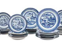 A Group of Forty-Eight Canton Blue and White Porcelain Bread Plates
