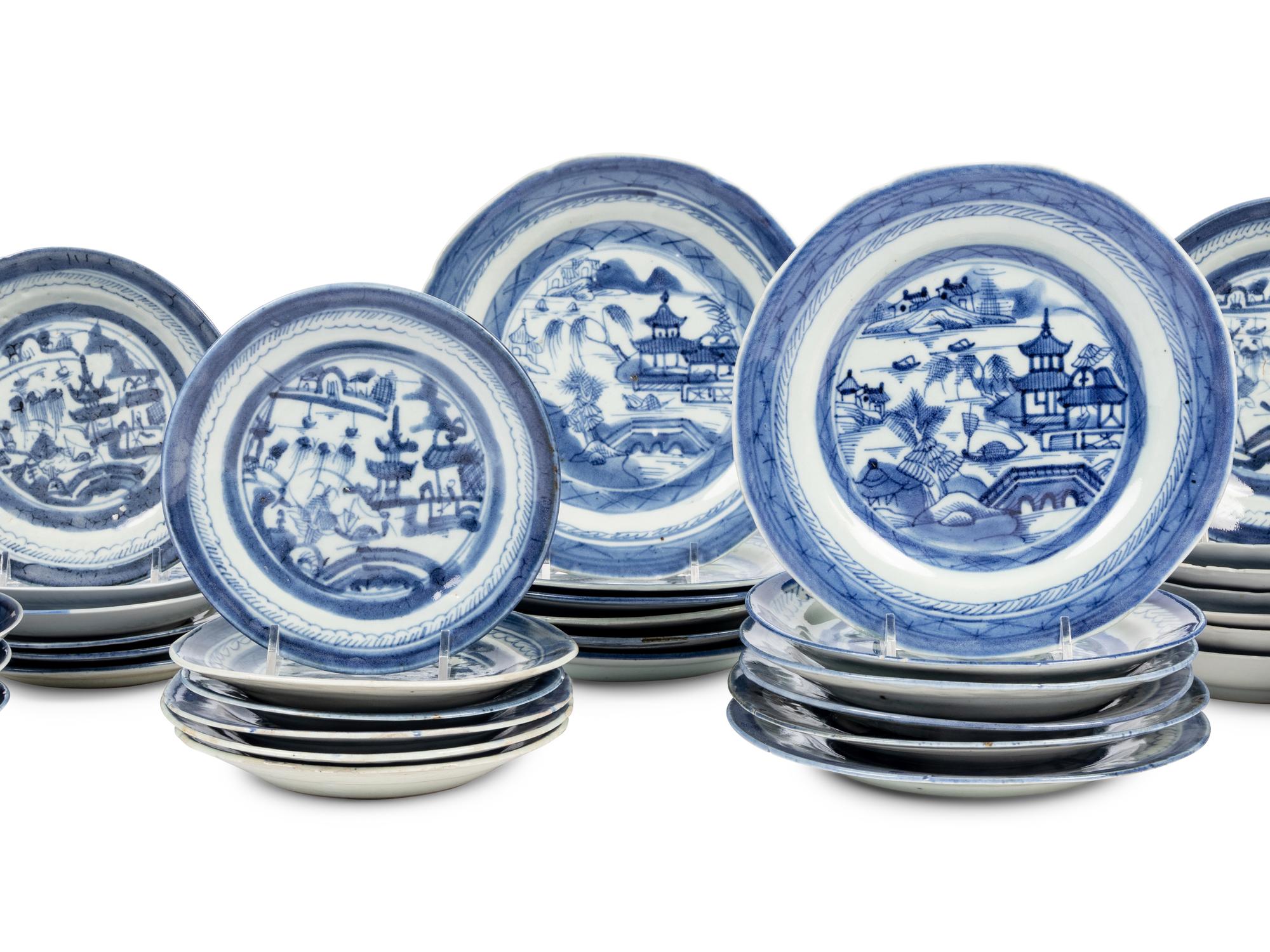 A Group of Forty-Eight Canton Blue and White Porcelain Bread Plates