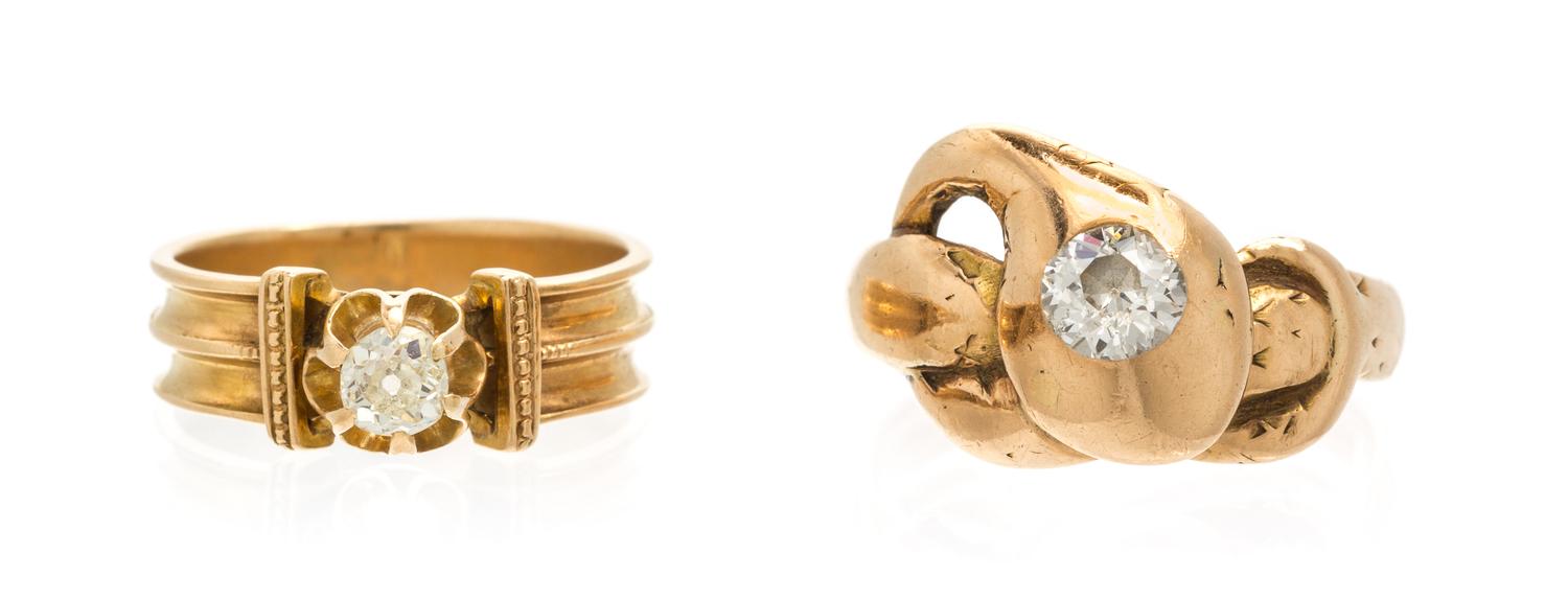 A Collection of Antique Gold and Diamond Rings, 6.40 dwts.