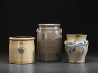 Three Cobalt Decorated Stoneware Vessels