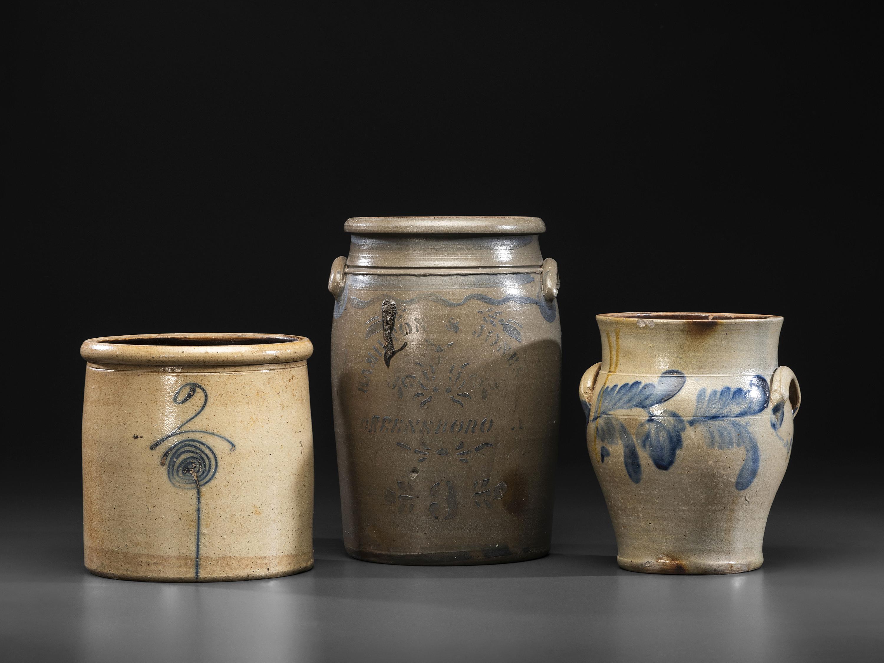 Three Cobalt Decorated Stoneware Vessels
