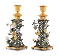 A Pair of Louis XVI Gilt Bronze, Tôle and Porcelain Candlesticks