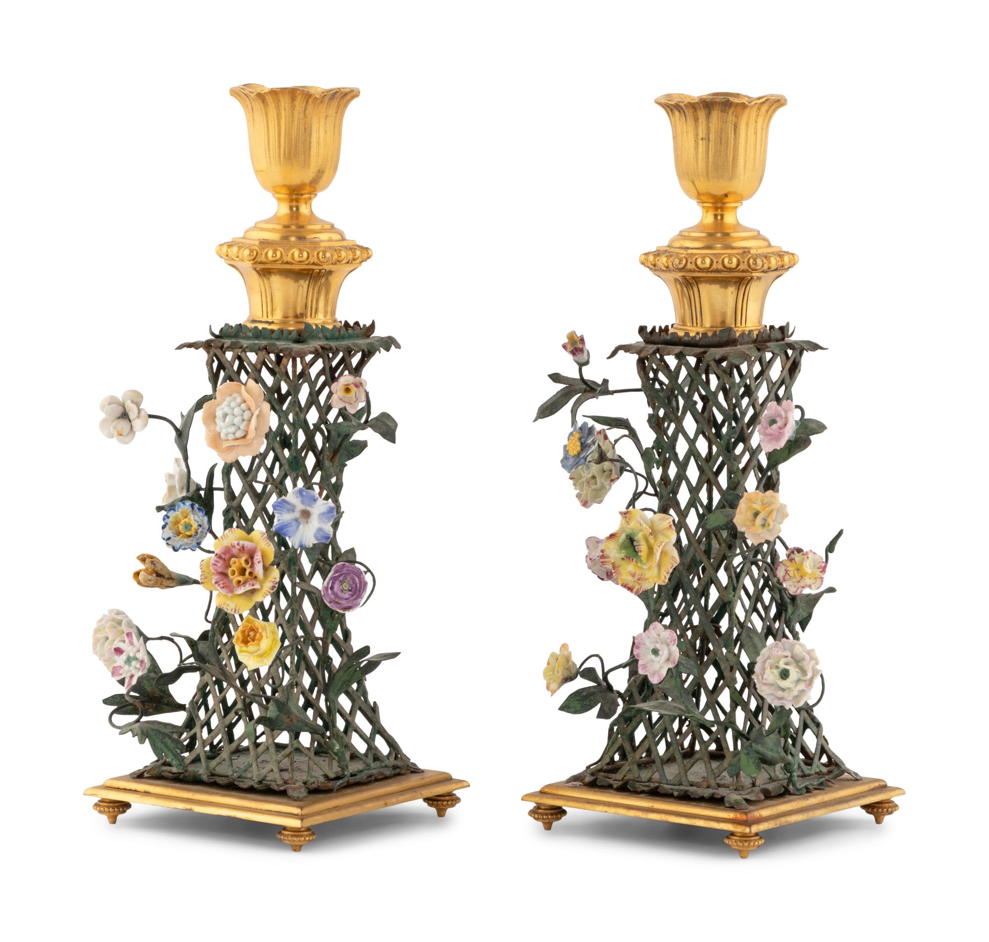A Pair of Louis XVI Gilt Bronze, Tôle and Porcelain Candlesticks