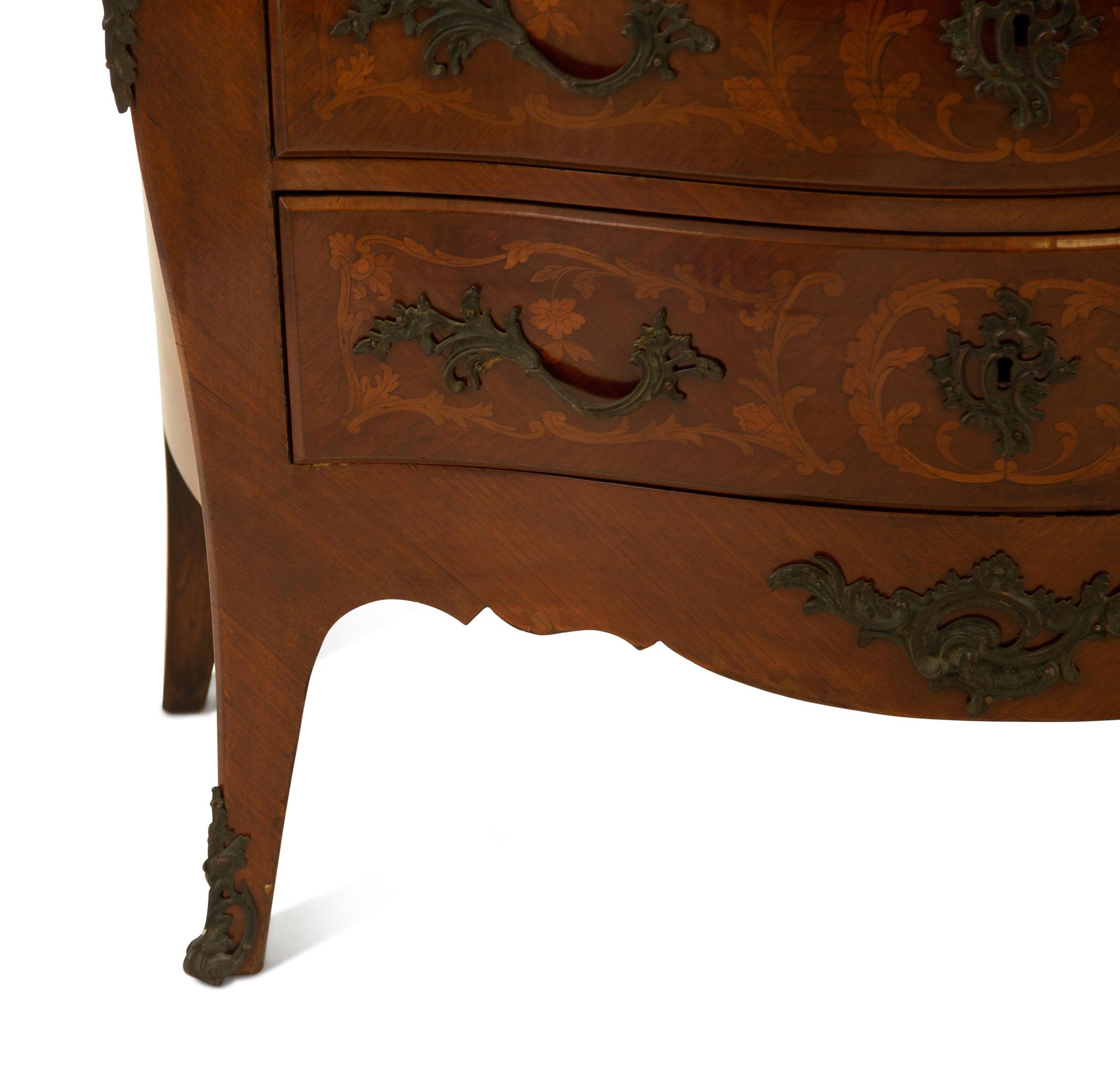 A Louis XV Style Bronze Mounted Marquetry Marble-Top Commode