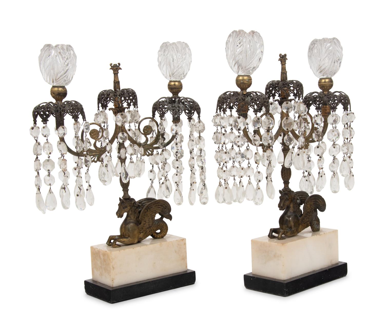 A Pair of Regency Gilt Bronze, Cut Glass and Marble Girandoles