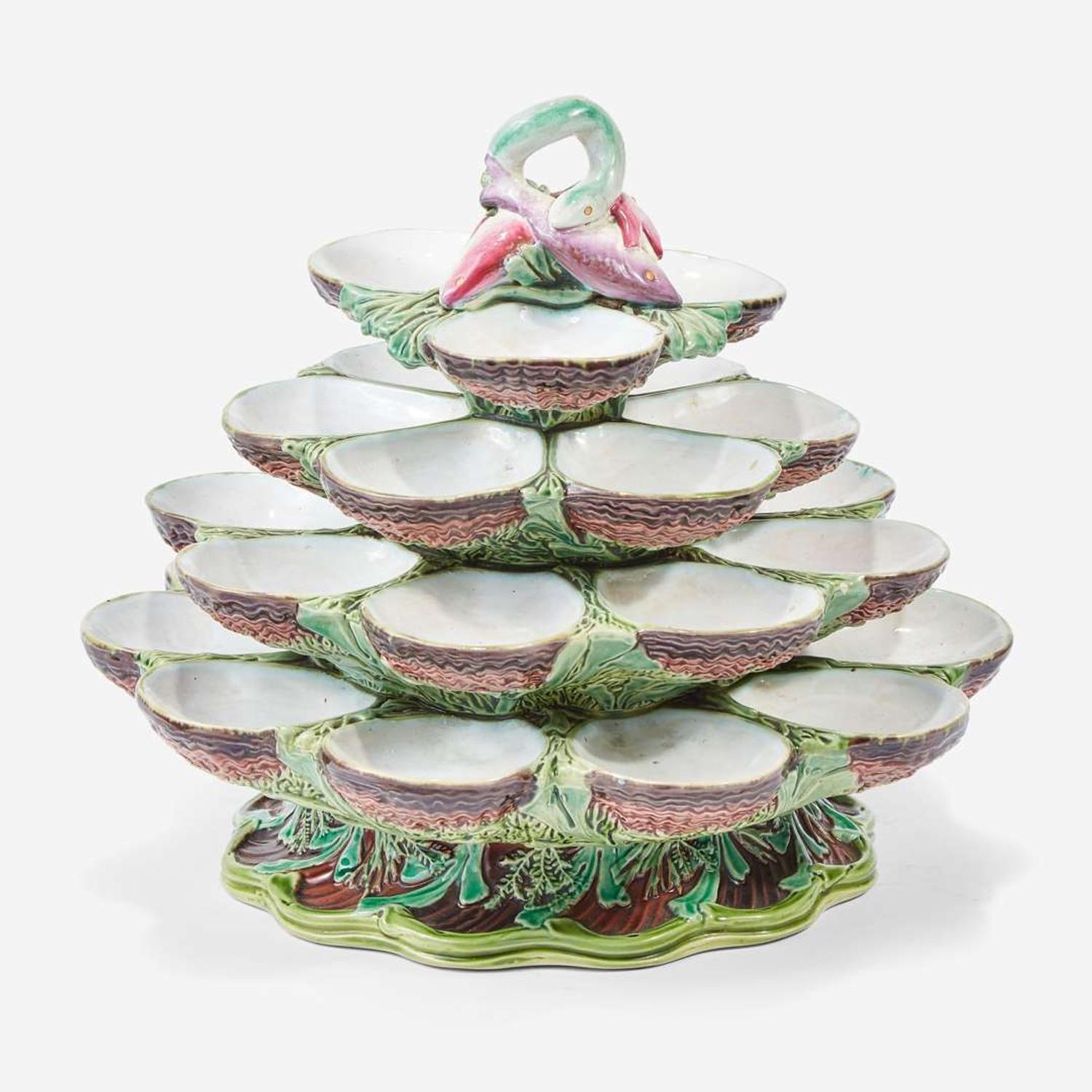 A Minton Majolica Four-Tier Revolving Oyster Server date cypher 1865