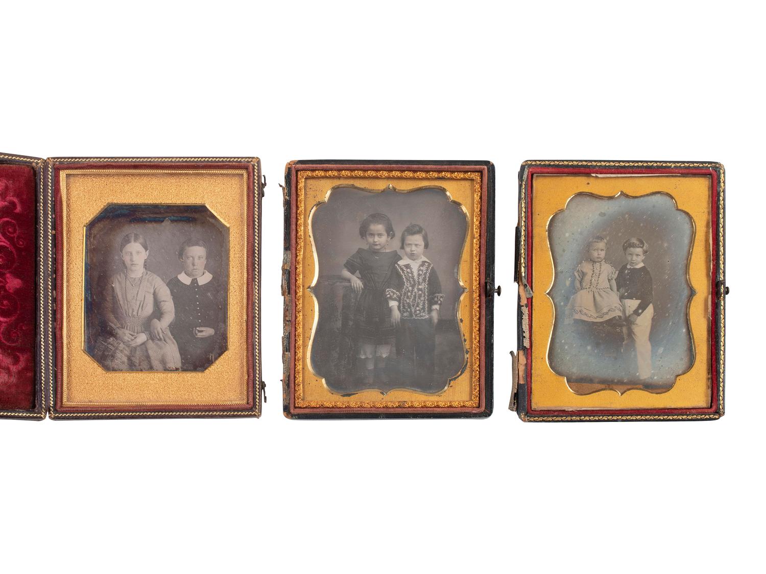 [EARLY PHOTOGRAPHY]. 34 sixth plate and quarter plate daguerreotypes of pairs of brothers & sisters