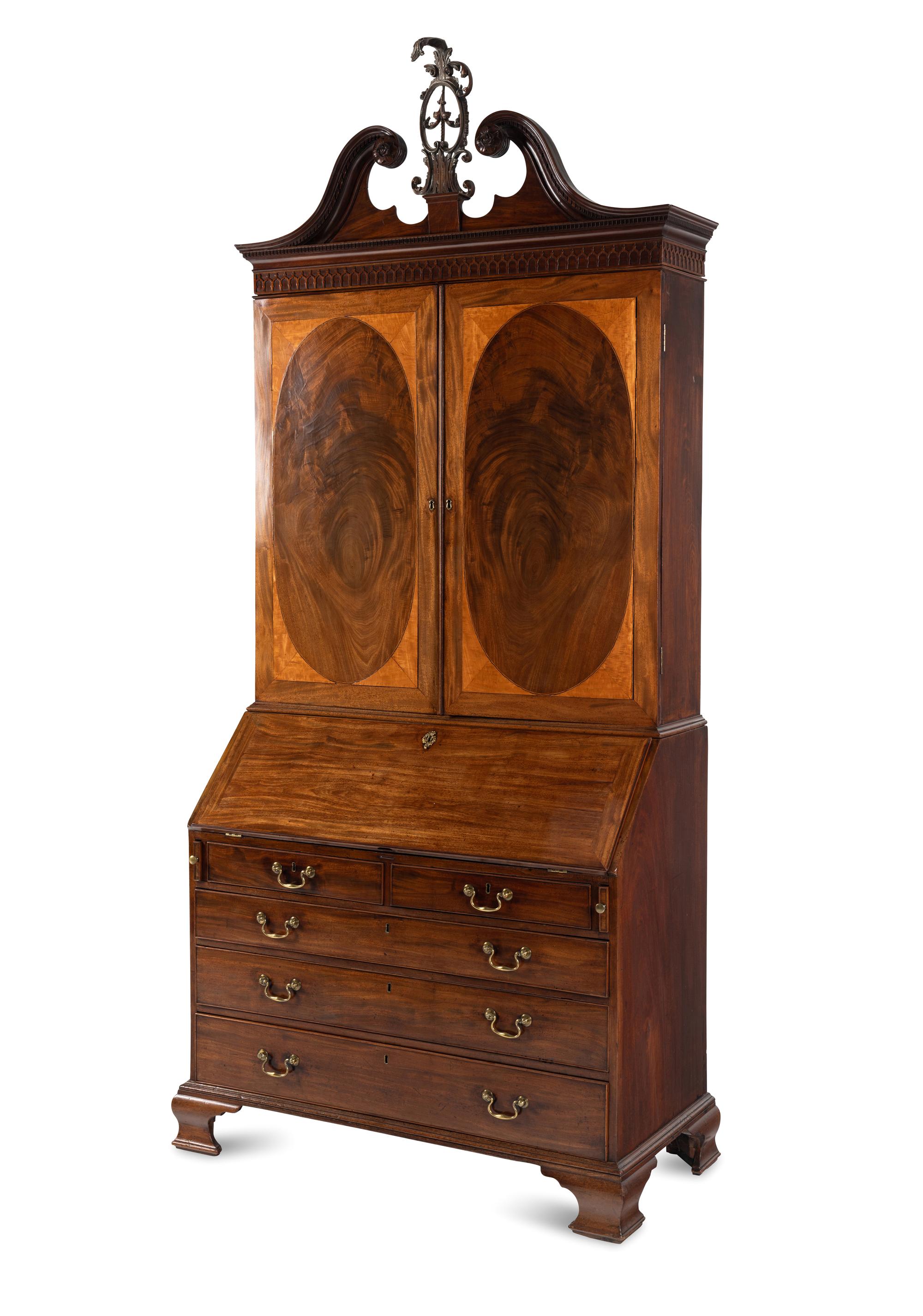 A George III Mahogany and Boxwood Slant-Front Bureau Cabinet