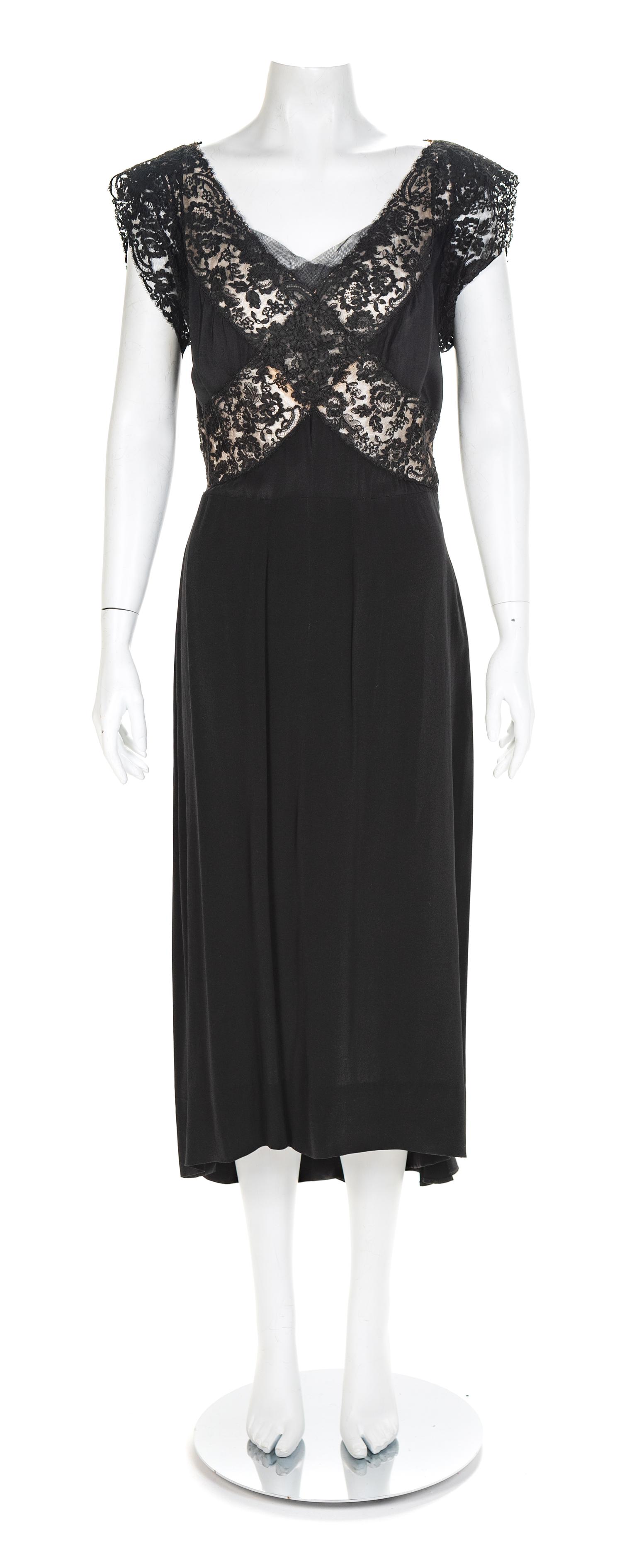 Nettie Rosenstein Black Silk and Guipure Lace Dress, 1950s No size label