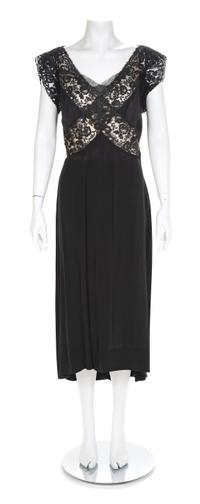 Nettie Rosenstein Black Silk and Guipure Lace Dress, 1950s No size label