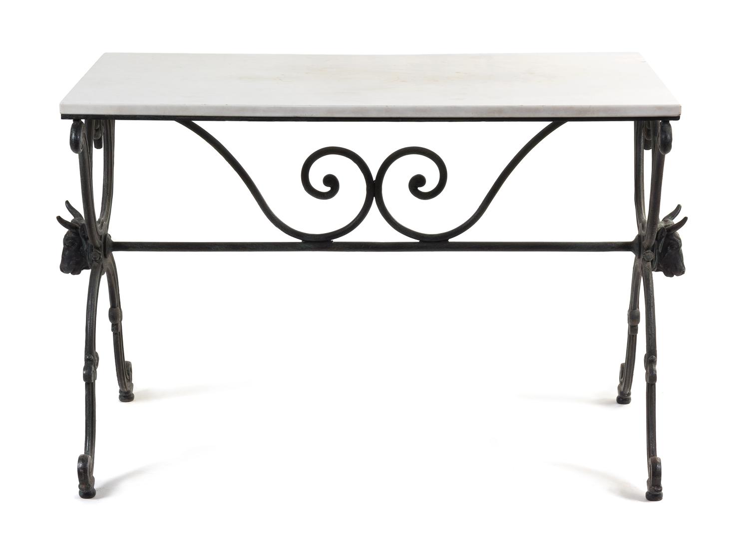 A Wrought Iron and Marble Table Height 30 x width 52 x depth 24 inches. — EARLY 20TH CENTURY