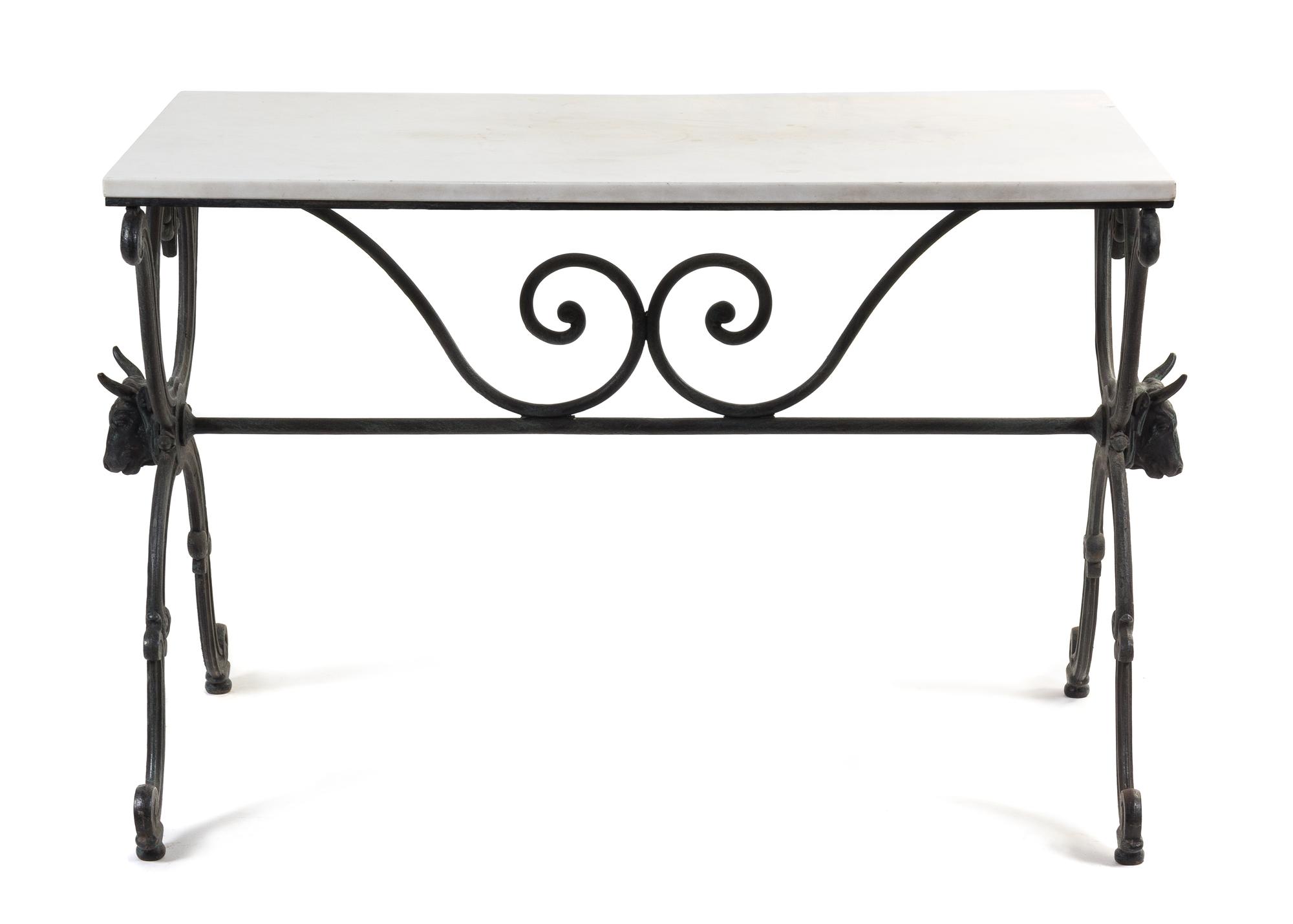 A Wrought Iron and Marble Table Height 30 x width 52 x depth 24 inches. — EARLY 20TH CENTURY