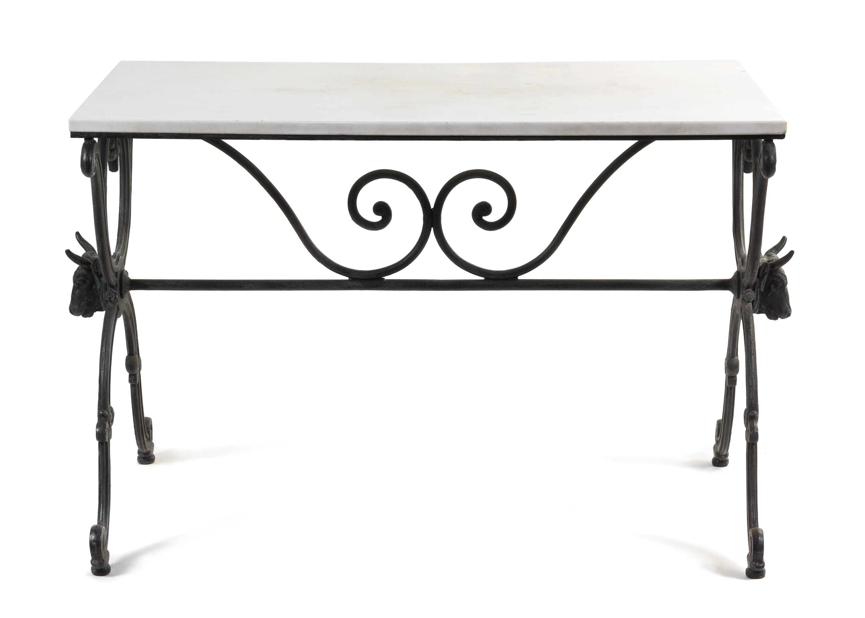 A Wrought Iron and Marble Table Height 30 x width 52 x depth 24 inches. — EARLY 20TH CENTURY