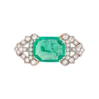 FRENCH, ART DECO, EMERALD AND DIAMOND BROOCH