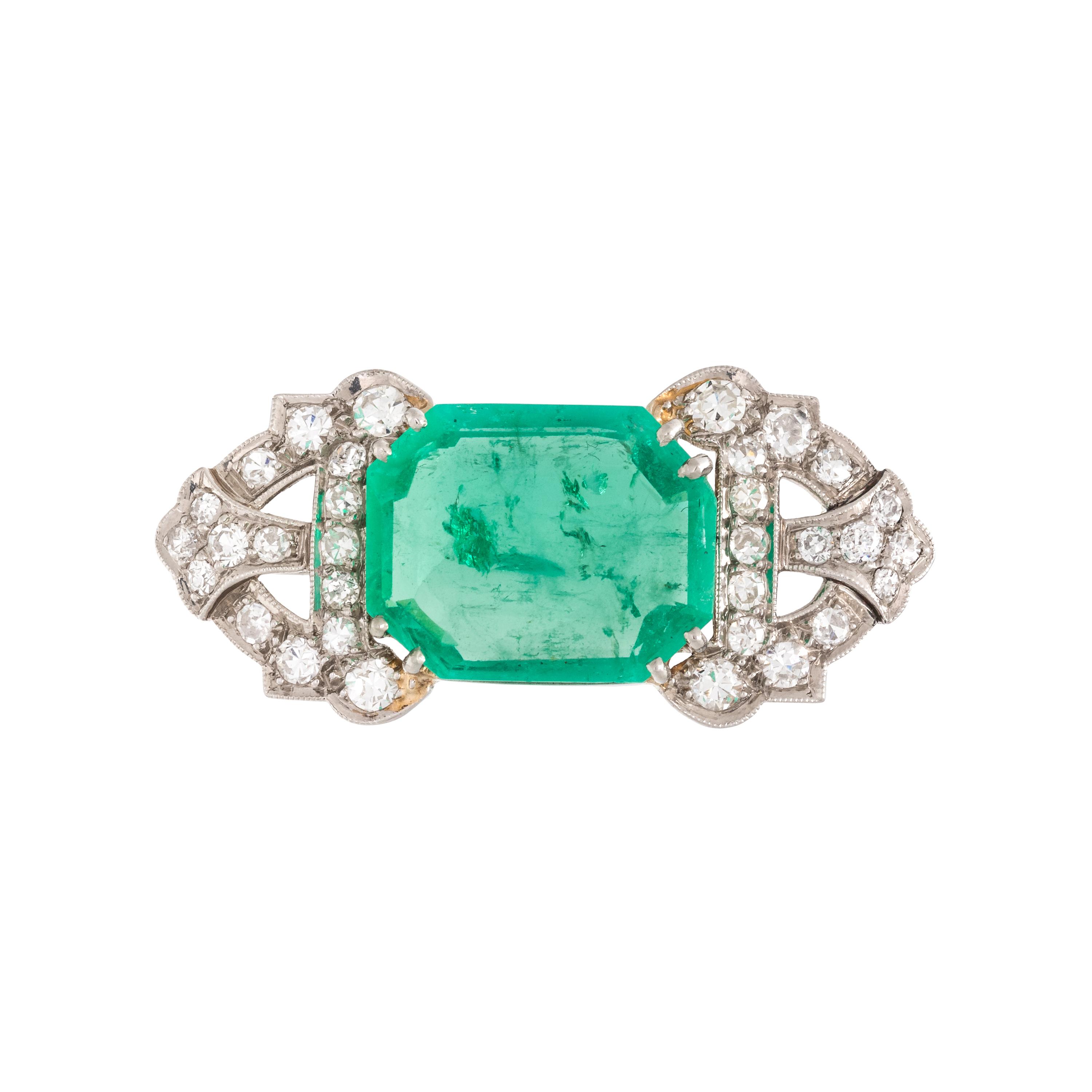 FRENCH, ART DECO, EMERALD AND DIAMOND BROOCH