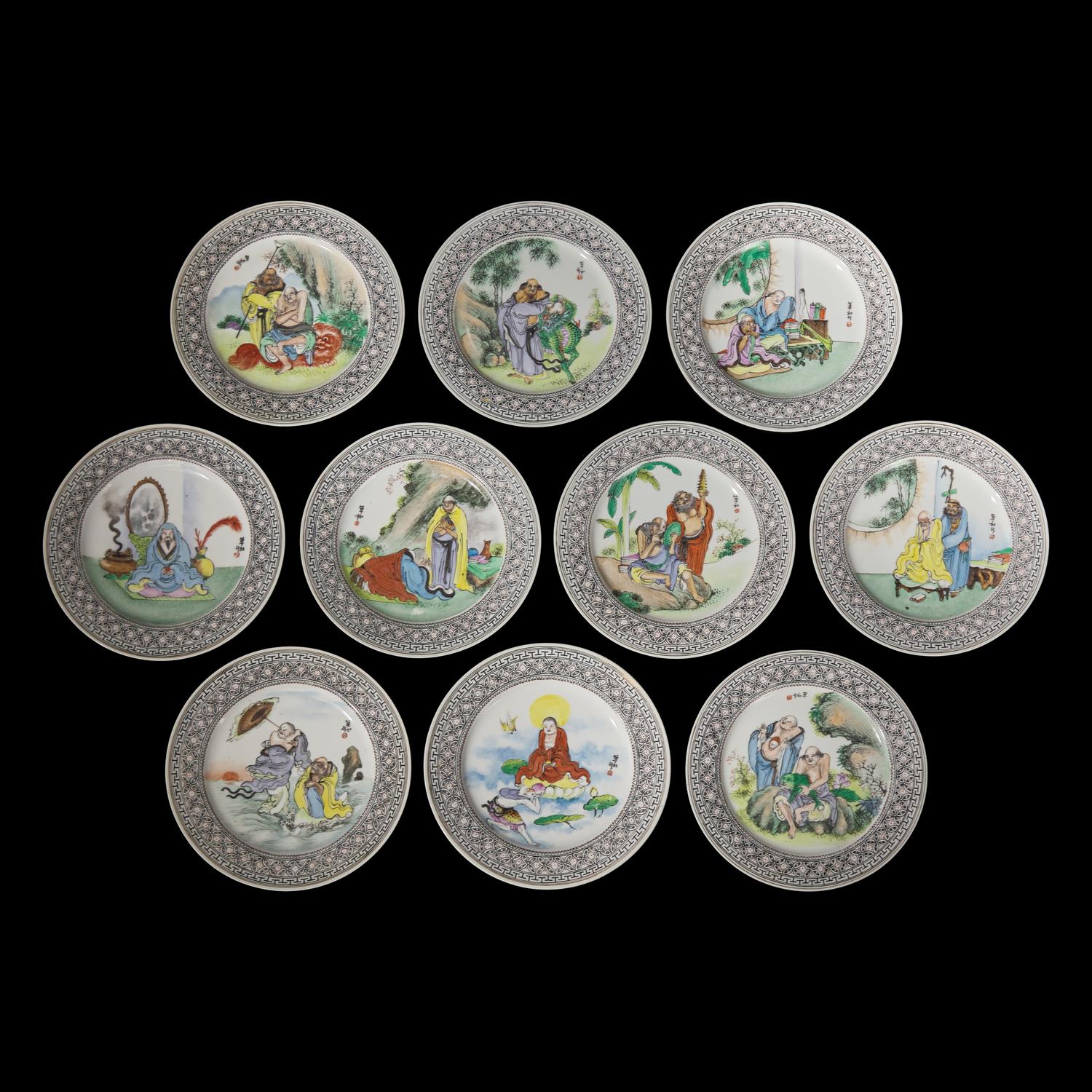 A Set of Ten Chinese Enameled Porcelain "Immortals" Plates, 20th Century — 近代 粉彩仙人圖賞盤一組十件