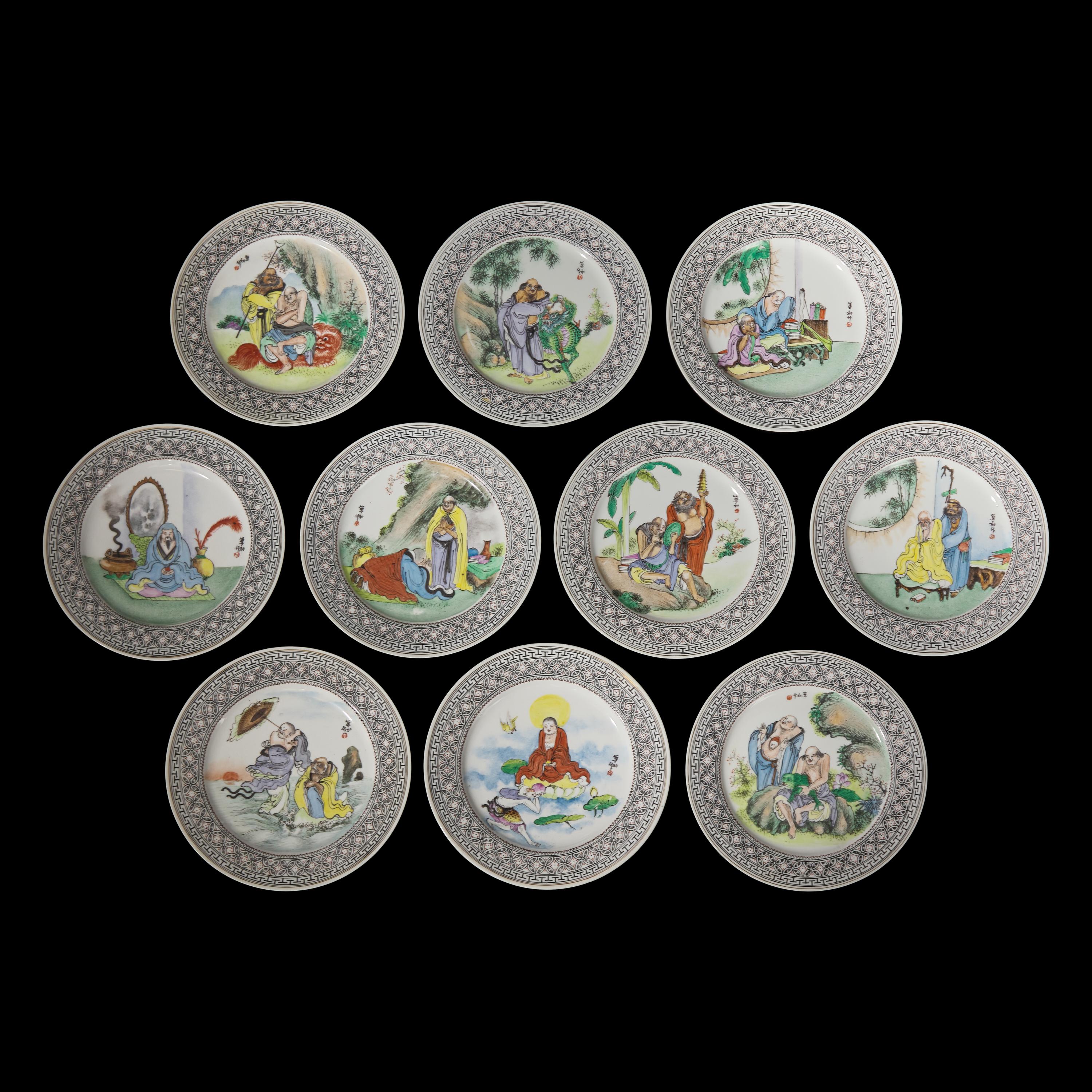 A Set of Ten Chinese Enameled Porcelain "Immortals" Plates, 20th Century — 近代 粉彩仙人圖賞盤一組十件