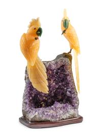 A Large Amethyst Geode with Carved Hardstone Parrots