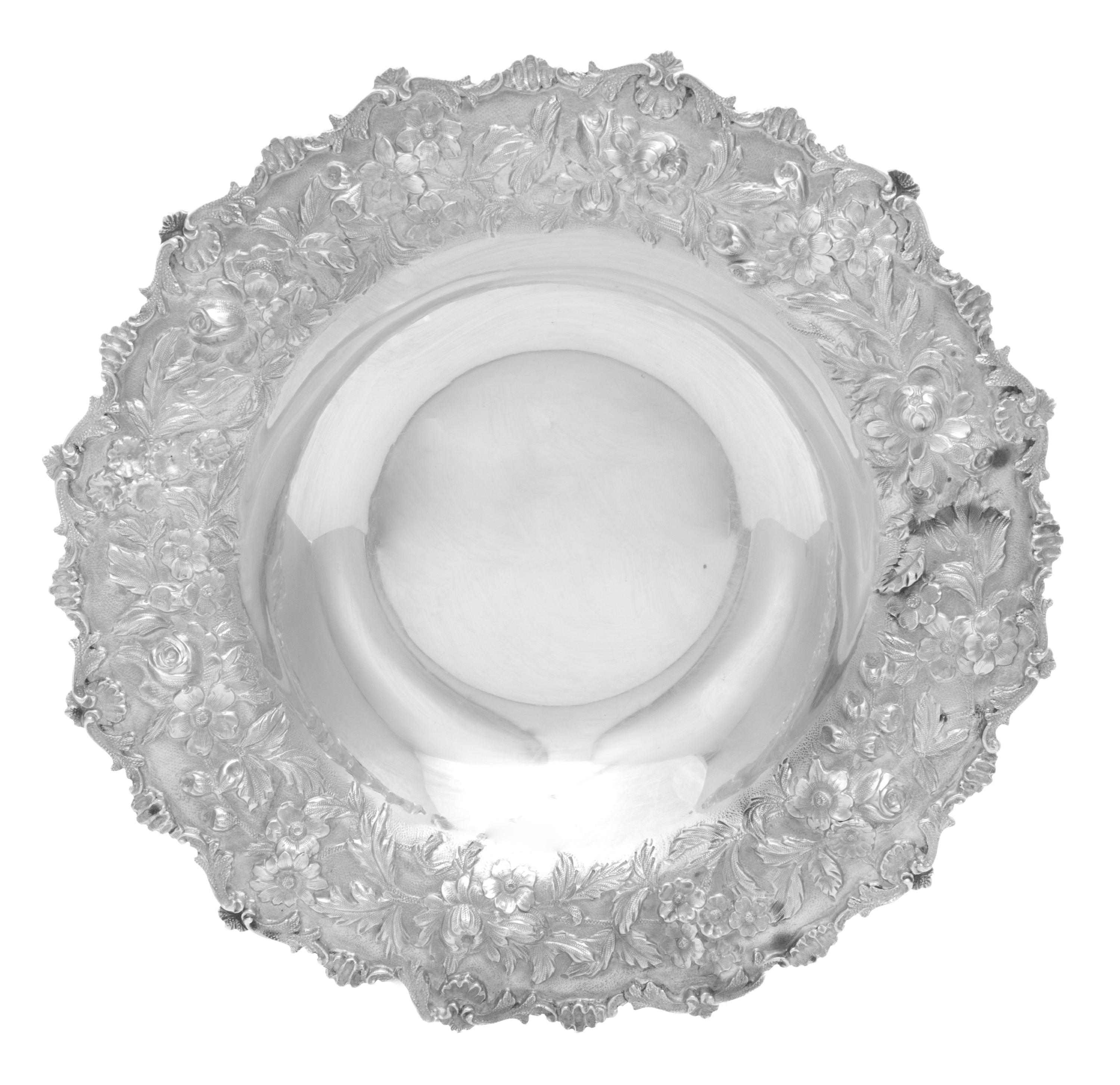 An American Silver Center Bowl, S. Kirk & Son Inc., Baltimore, MD, pattern 227, the rim having floral, foliate and S-scroll repousse de