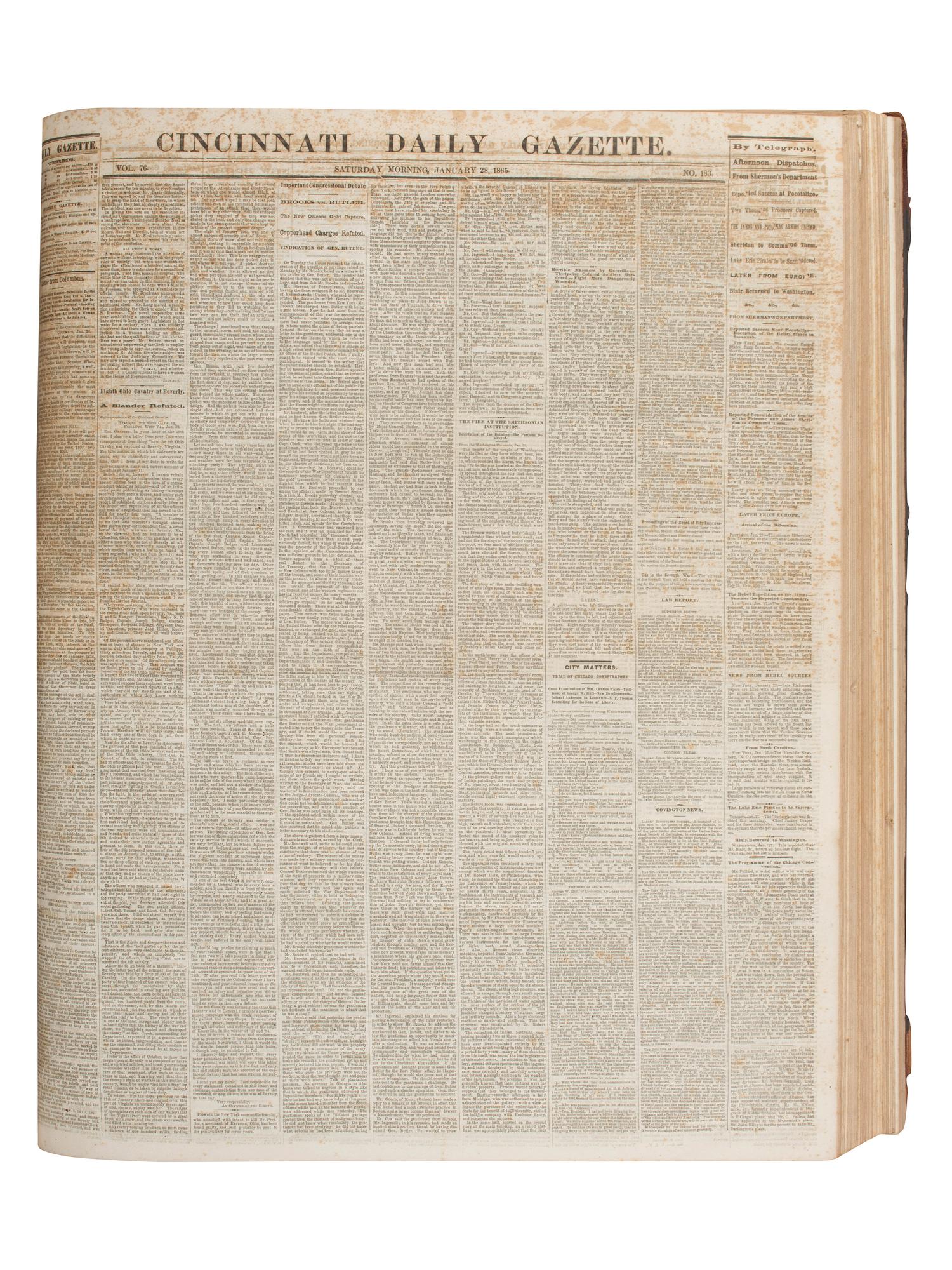 [CIVIL WAR]. Cincinnati Daily Gazette . 318 issues in 2 bound volumes. [ With :] Springfield Weekly Republic . 122 issues. Springfield, OH, 1864-1865. and Lancaster Gazette . 95 issues. Lancaster, OH, 1866-1867.