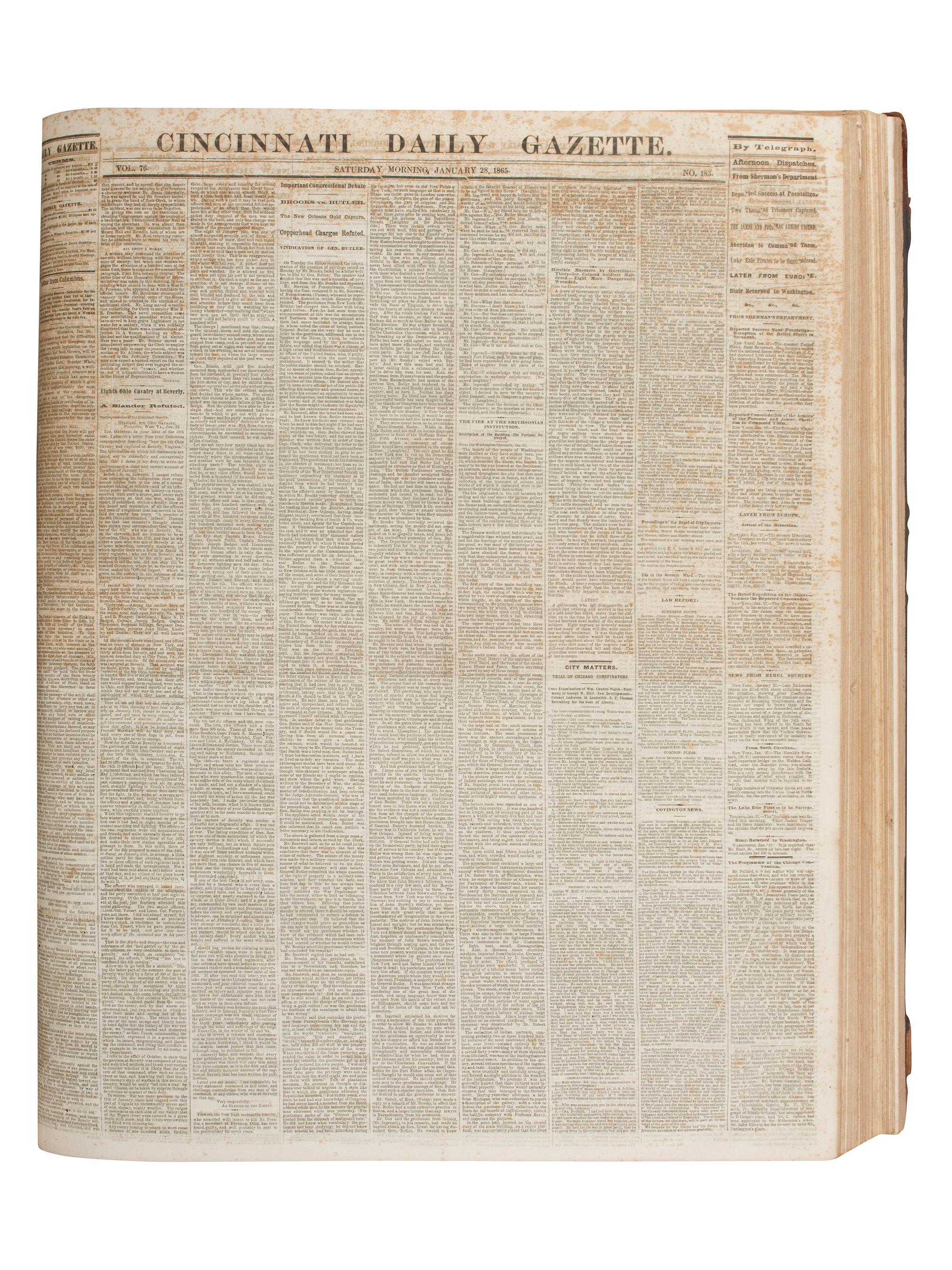 [CIVIL WAR]. Cincinnati Daily Gazette . 318 issues in 2 bound volumes. [ With :] Springfield Weekly Republic . 122 issues. Springfield, OH, 1864-1865. and Lancaster Gazette . 95 issues. Lancaster, OH, 1866-1867.