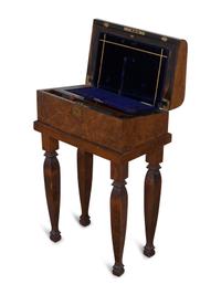 A Victorian Style Burl Walnut Lap Desk on Stand and a George III Style Kidney-Shaped Inlaid Mahogany Vitrine Table — EARLY 20TH CENTURY