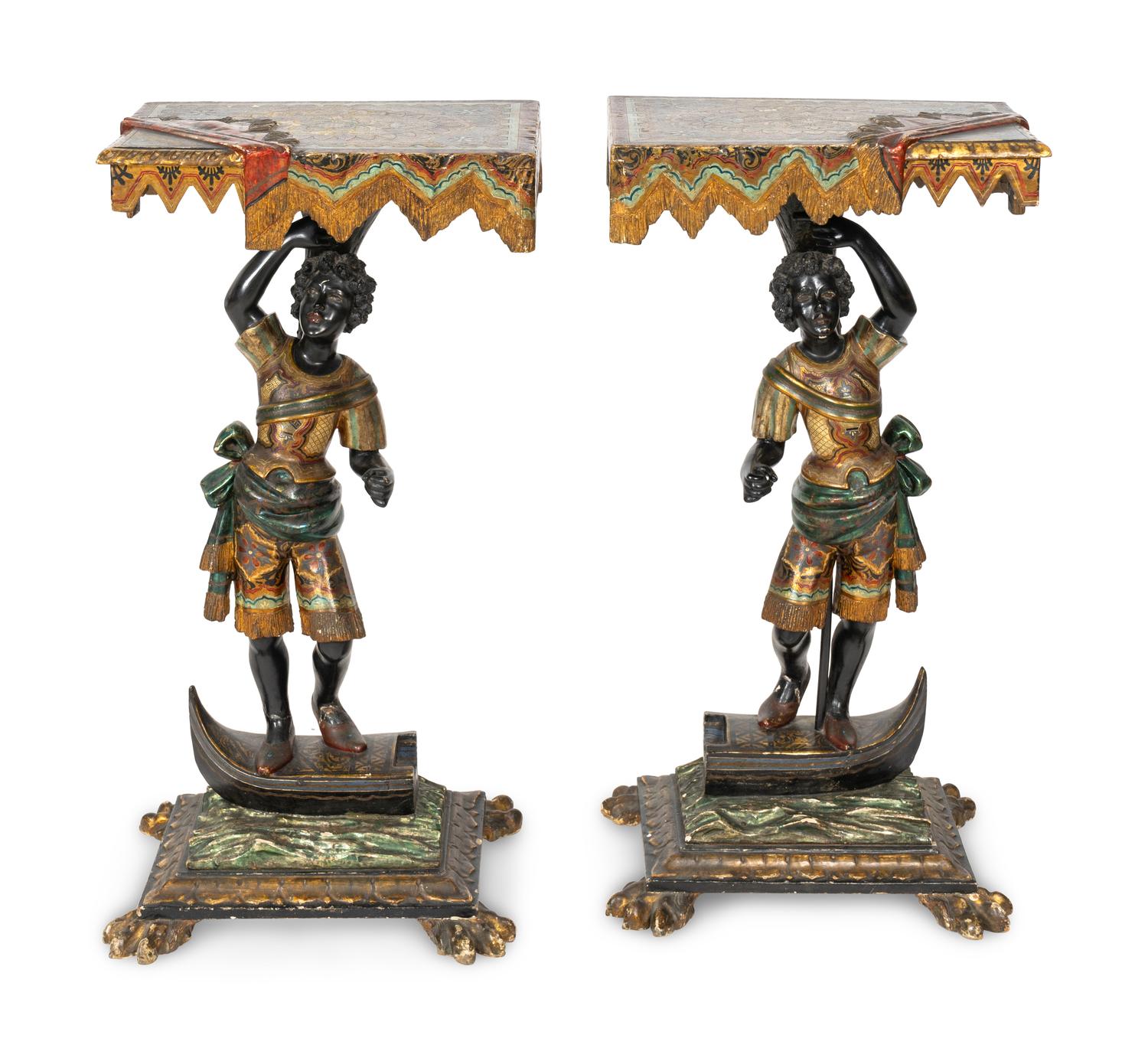 A Pair of Venetian Baroque Style Parcel Gilt and Polychrome Decorated Figural Pier Tables