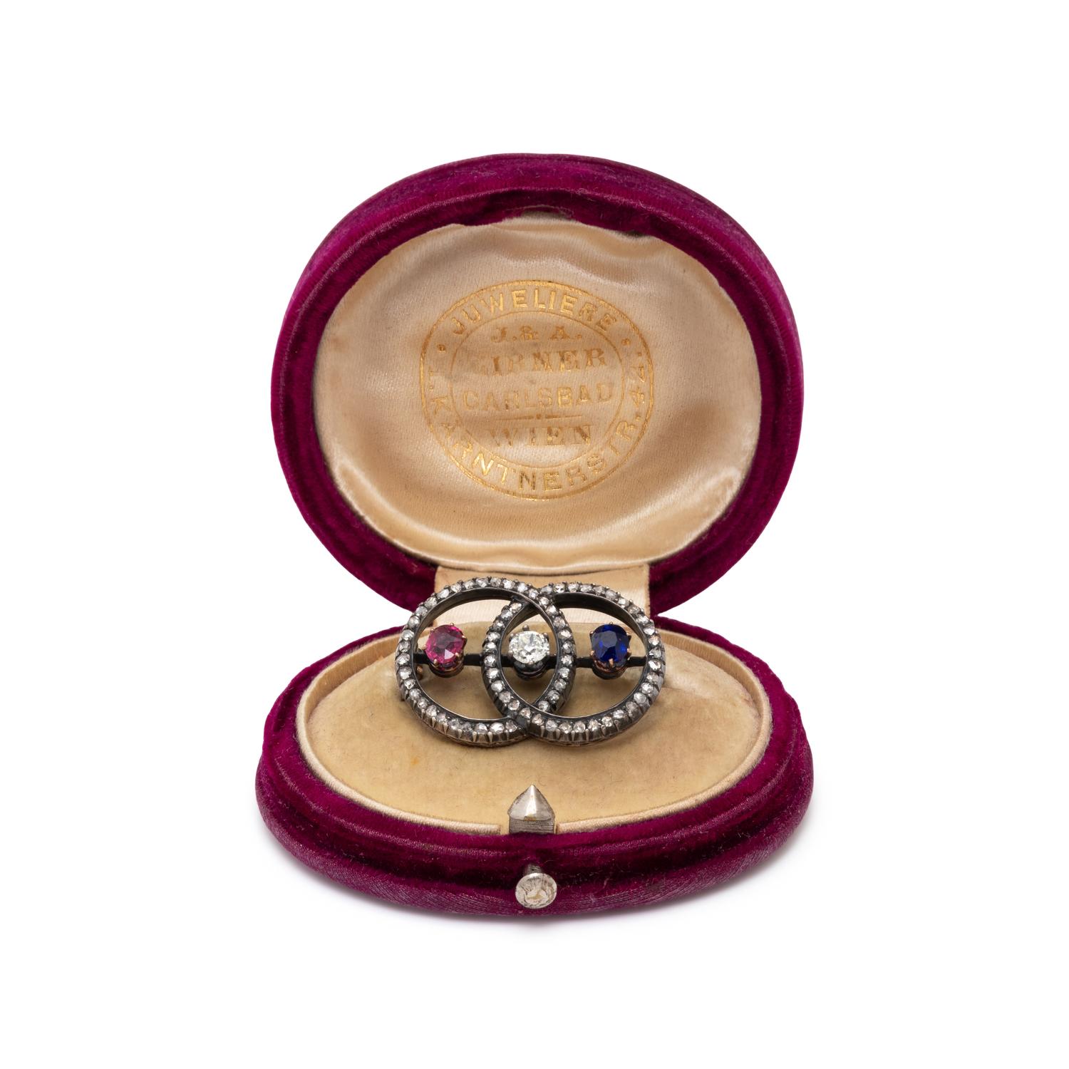 AUSTRIAN, ANTIQUE, RUBY, SAPPHIRE, AND DIAMOND BROOCH
