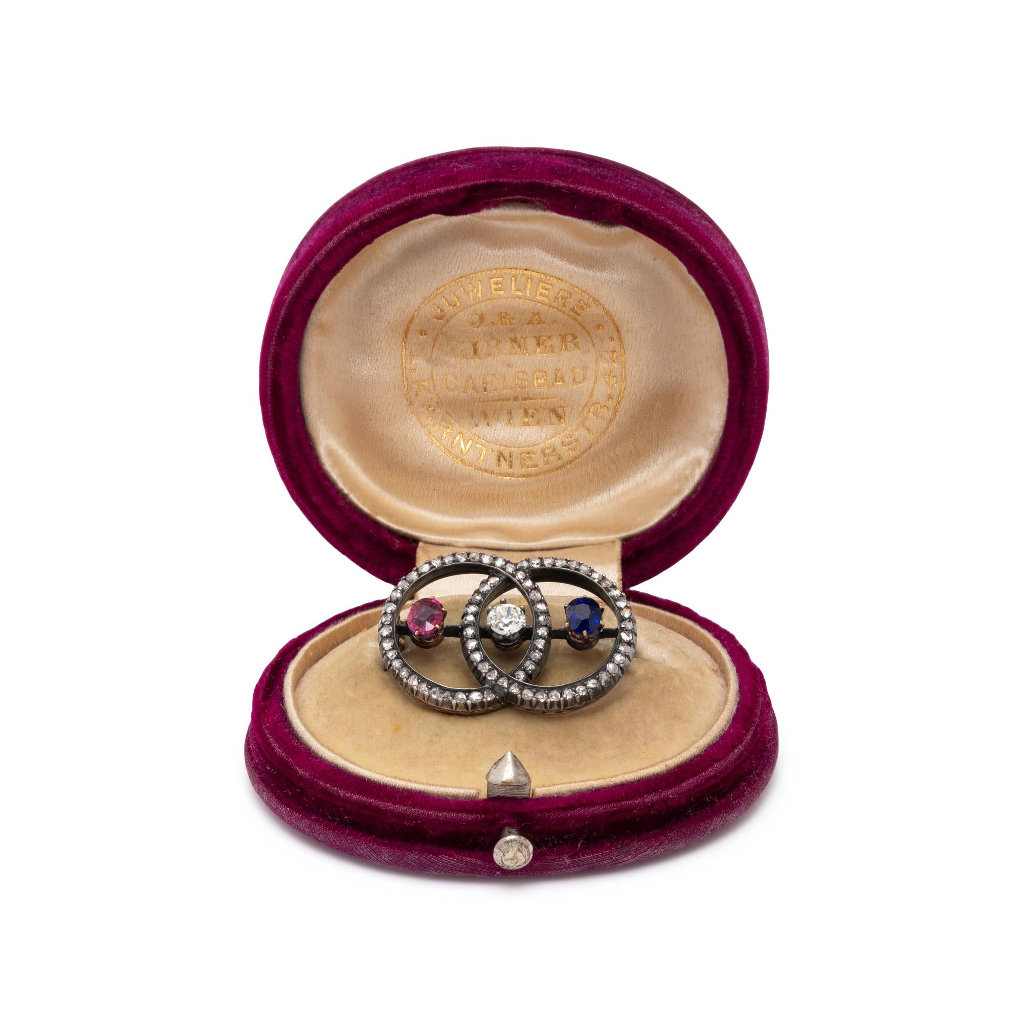 AUSTRIAN, ANTIQUE, RUBY, SAPPHIRE, AND DIAMOND BROOCH