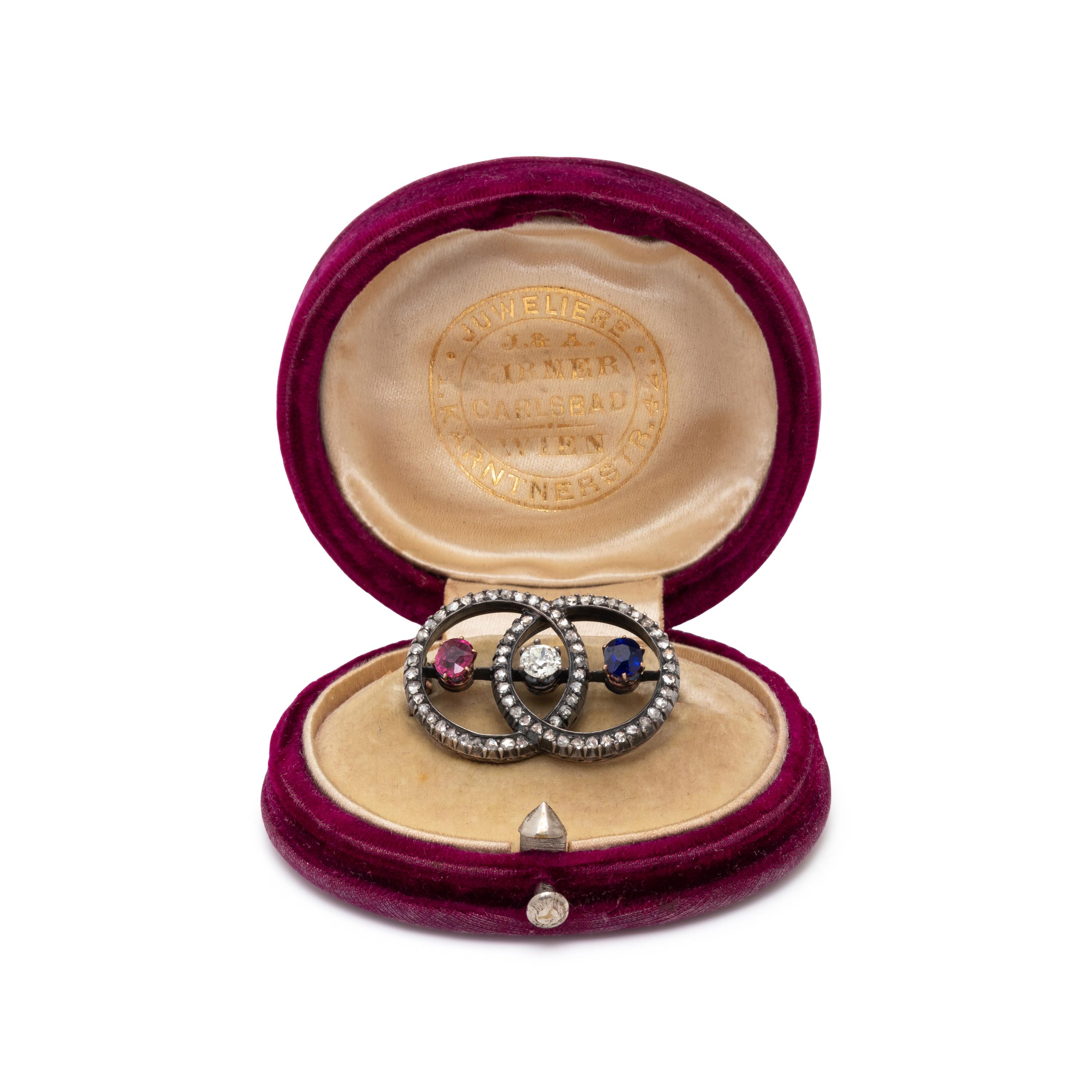 AUSTRIAN, ANTIQUE, RUBY, SAPPHIRE, AND DIAMOND BROOCH
