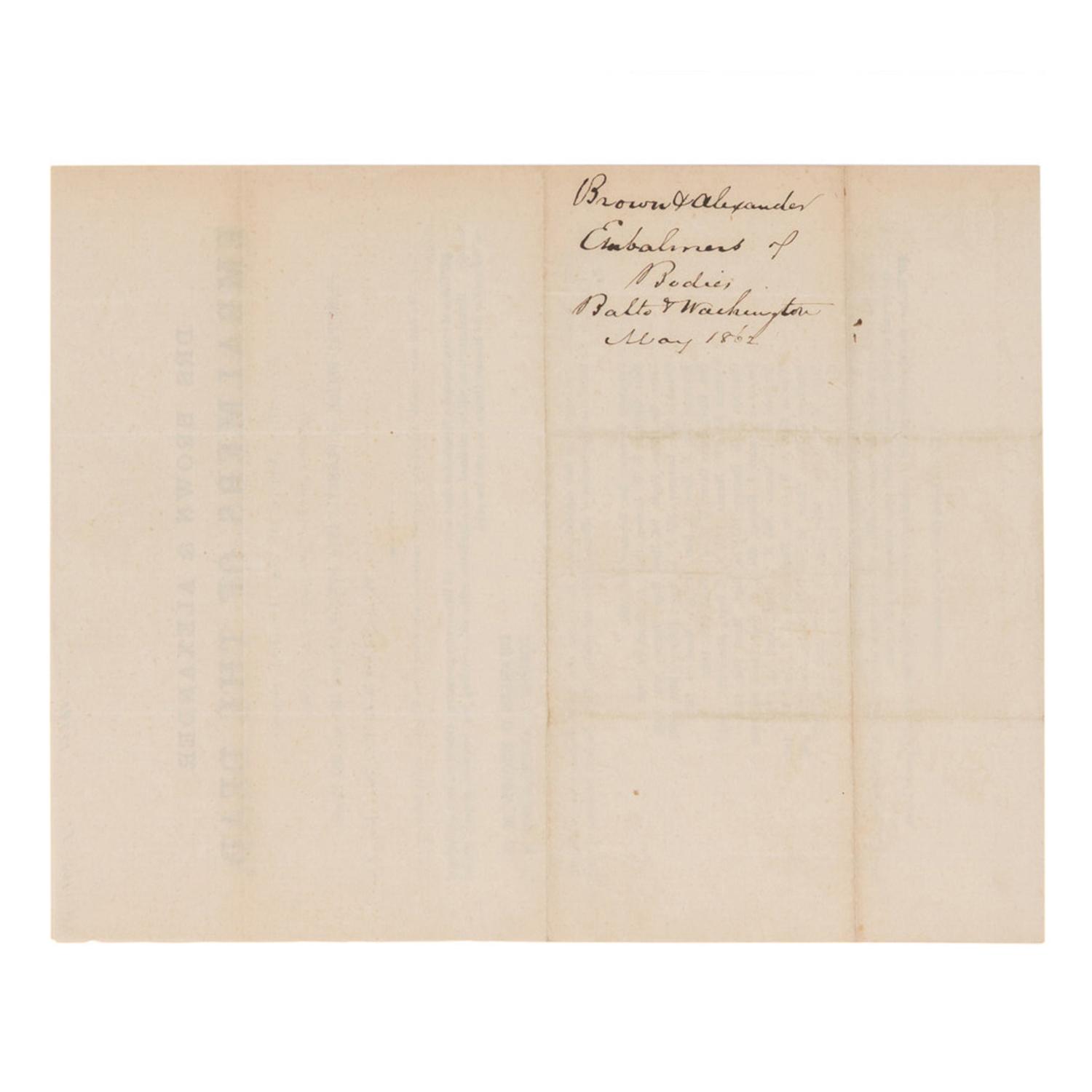 [LINCOLN, Abraham (1809-1865)]. Drs. Brown & Alexander, Embalmers of the Dead, for the Army of the United States . Baltimore: "The Printing Office", Sun Iron Building, n.d. [ca 23 April 1862].