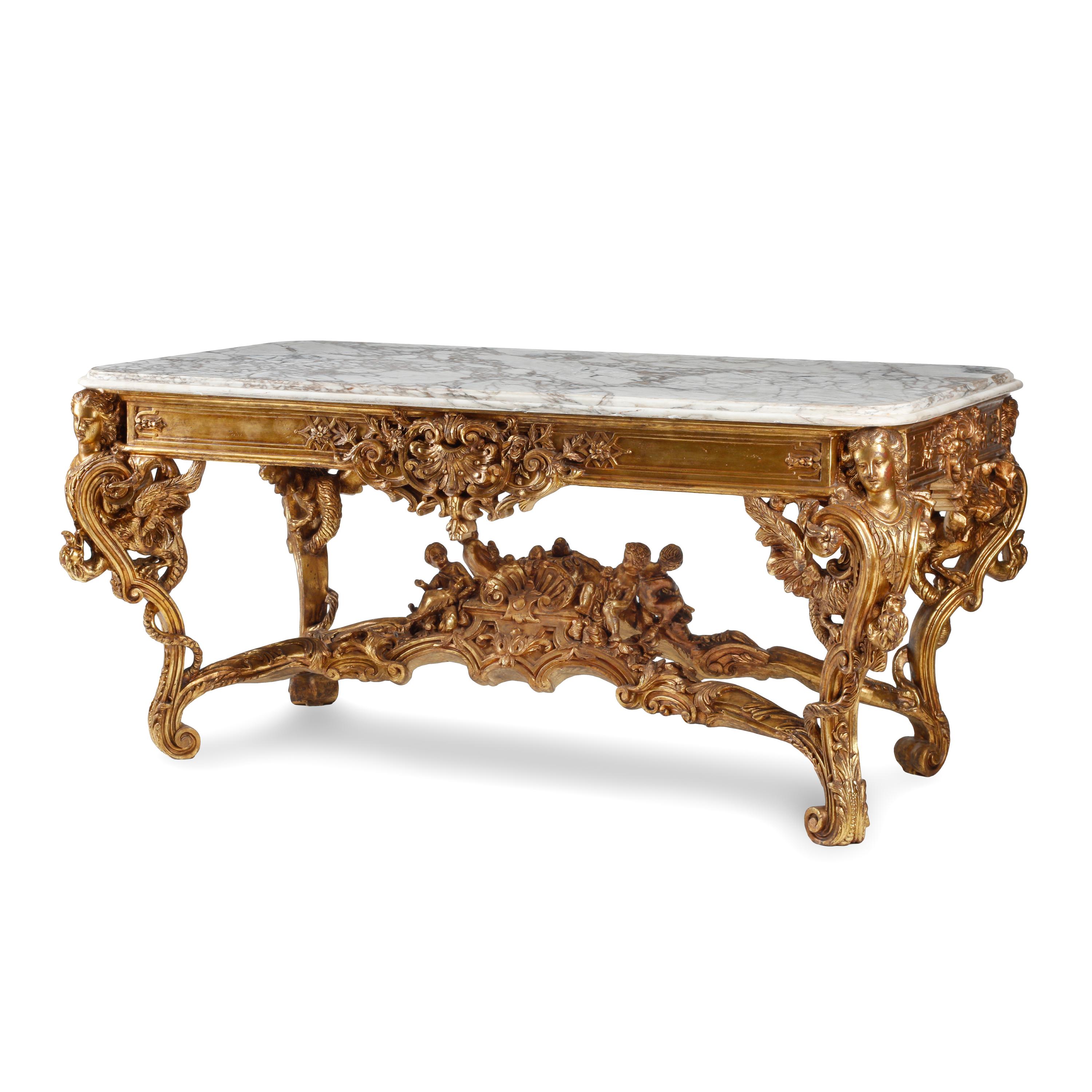 A Large Louis XV Style Giltwood and Marble-Top Salon Table